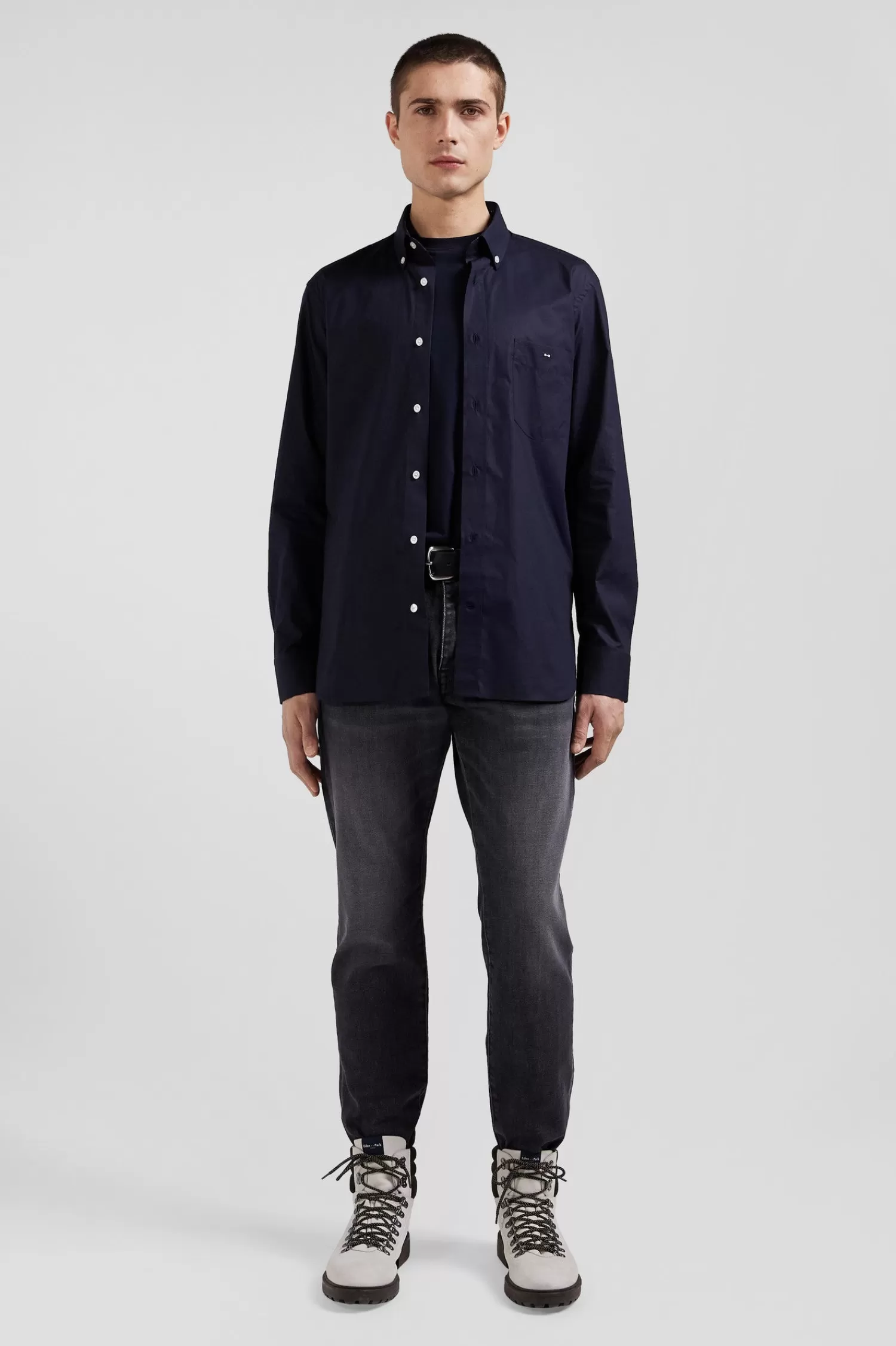 Eden Park Regular navy blue cotton poplin shirt with button-down collar and printed elbow patches< Shirts