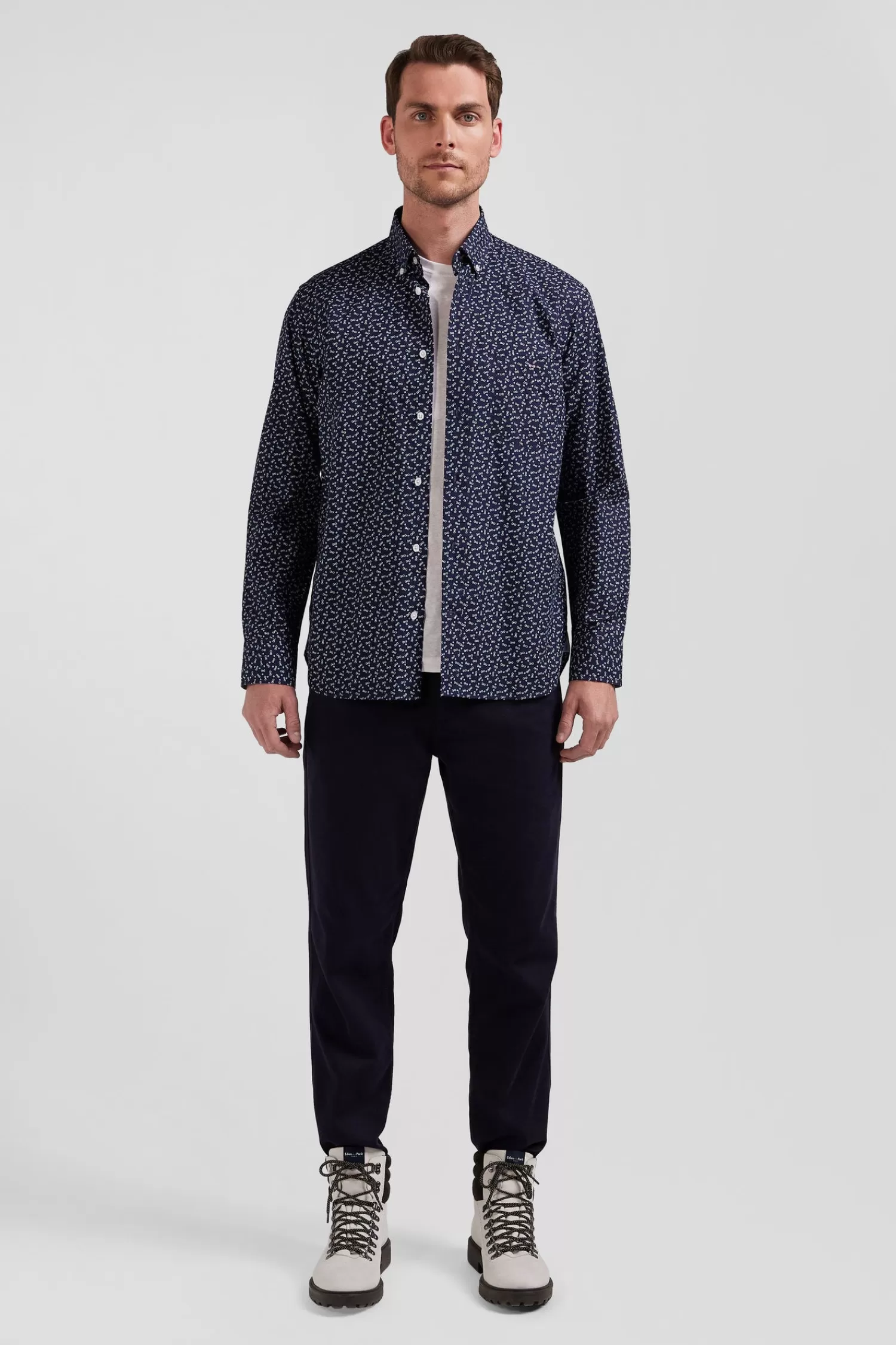 Eden Park Regular navy blue cotton poplin shirt with micro bow tie print< Shirts