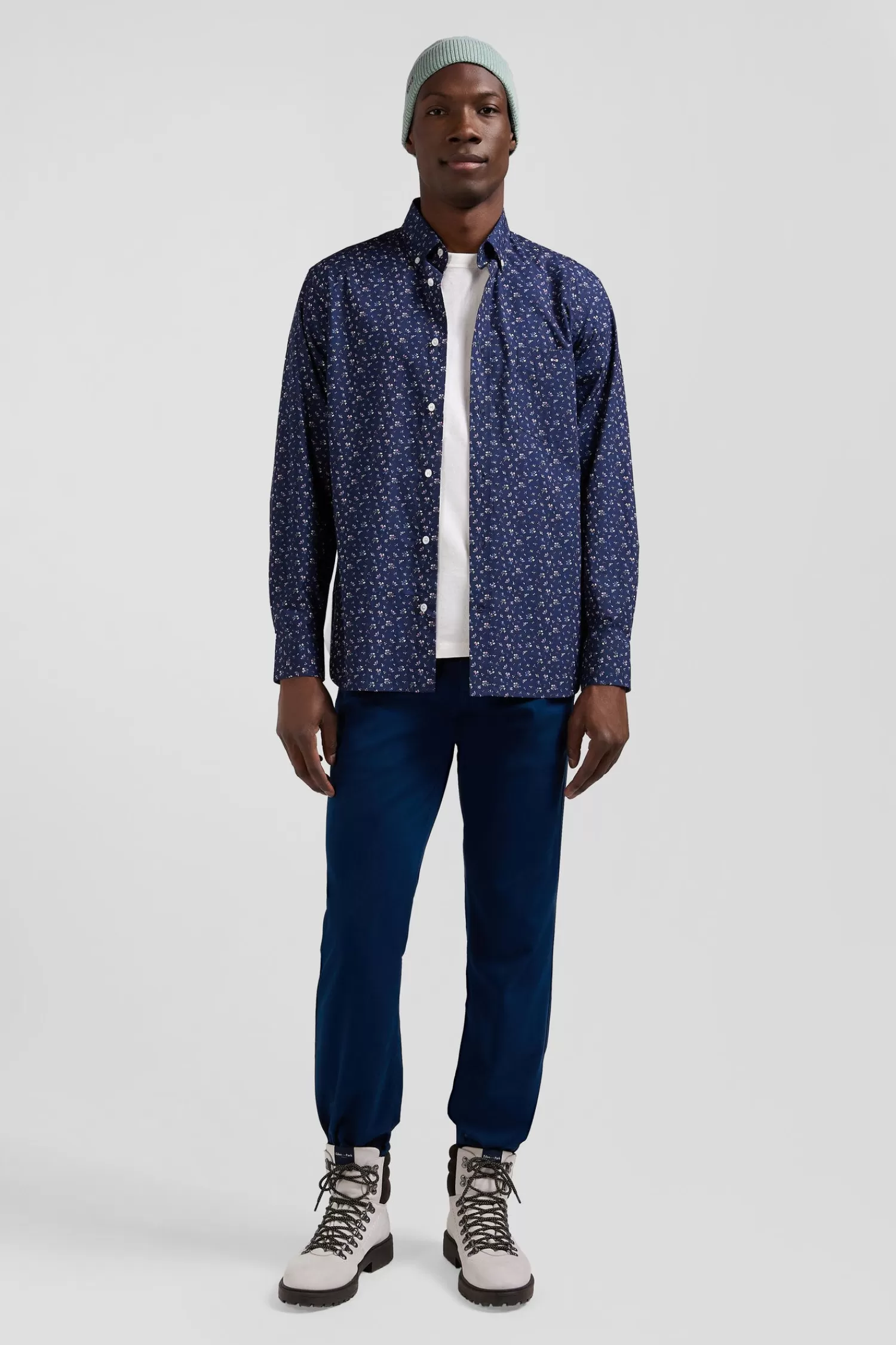 Eden Park Regular navy blue cotton poplin shirt with micro floral print< Shirts