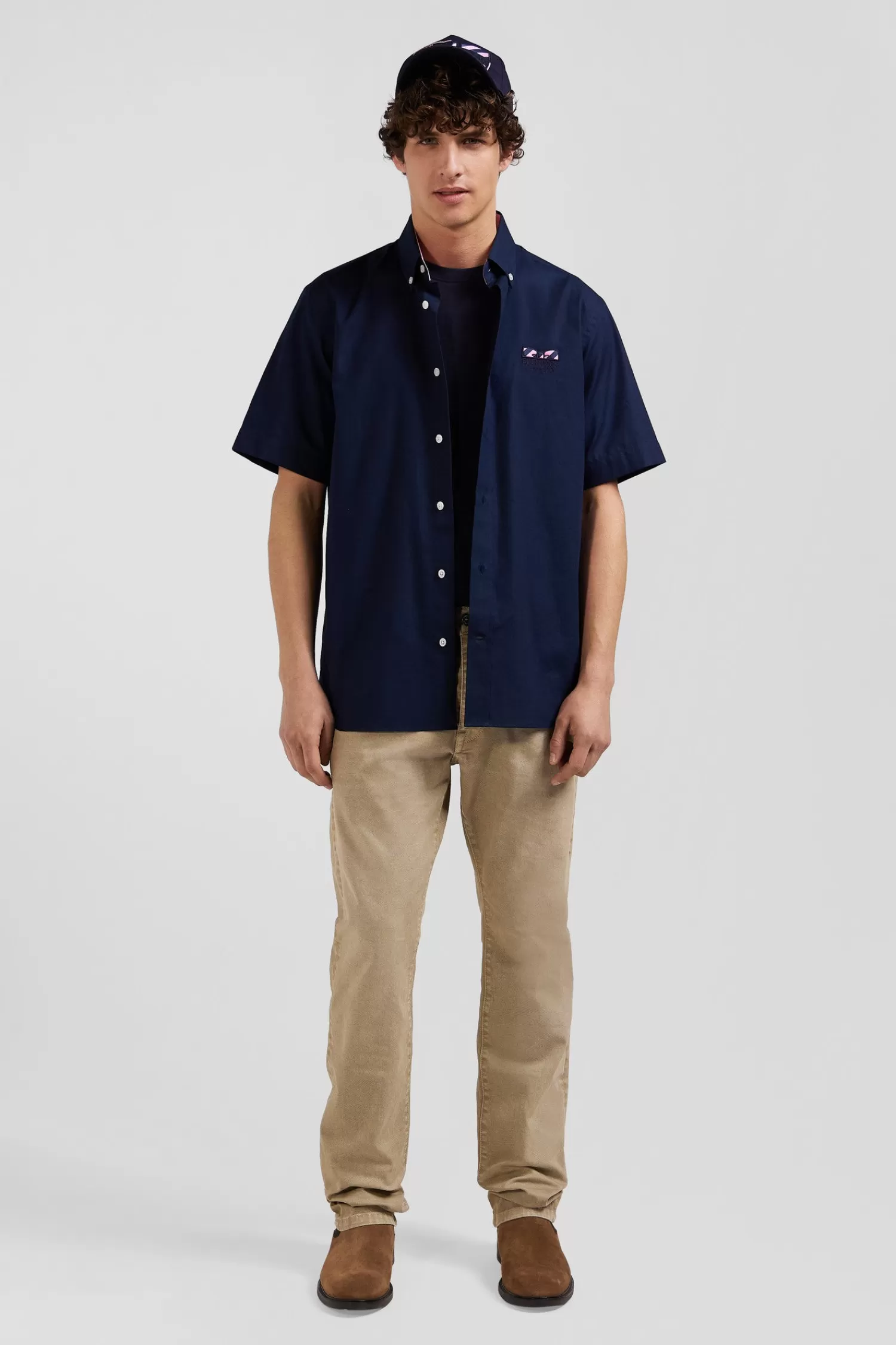 Eden Park Regular navy blue cotton poplin short-sleeved shirt with microprint< Short-sleeved Shirts