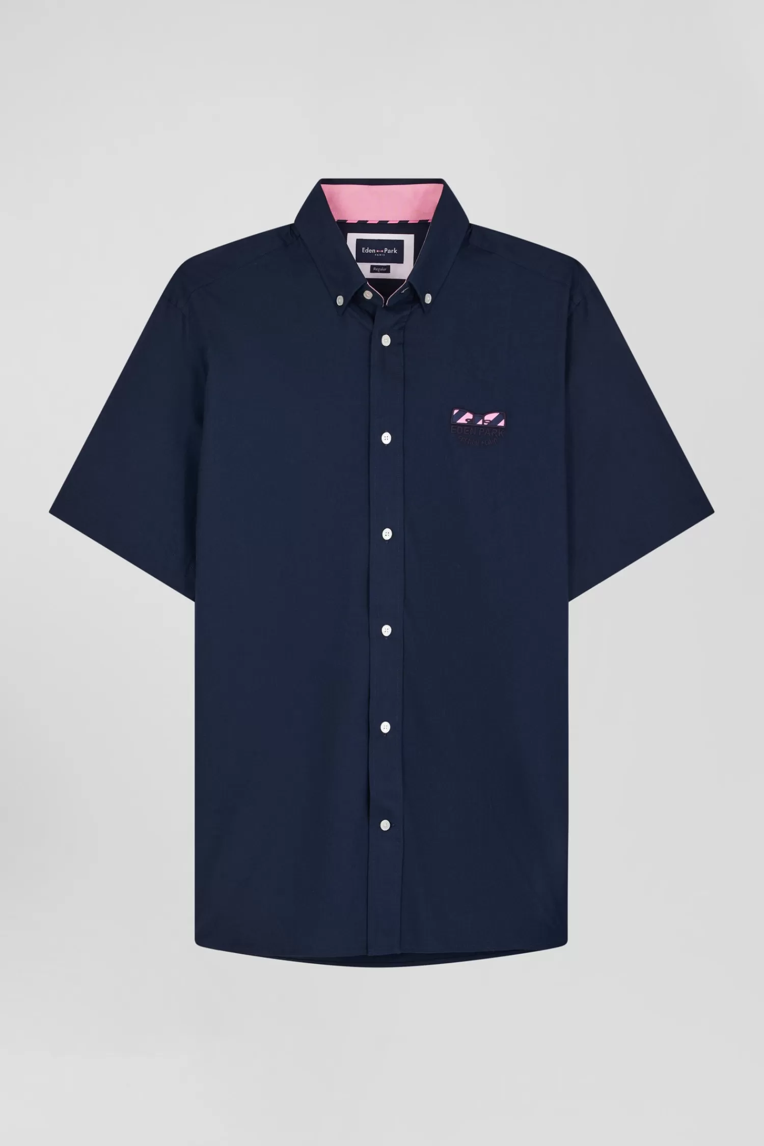 Eden Park Regular navy blue cotton poplin short-sleeved shirt with microprint< Short-sleeved Shirts