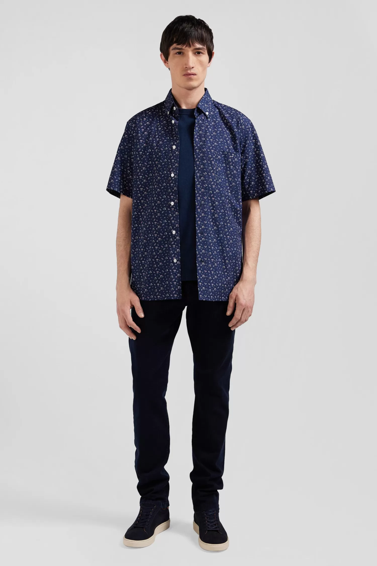 Eden Park Regular navy blue cotton short-sleeved shirt with micro floral print< Short-sleeved Shirts