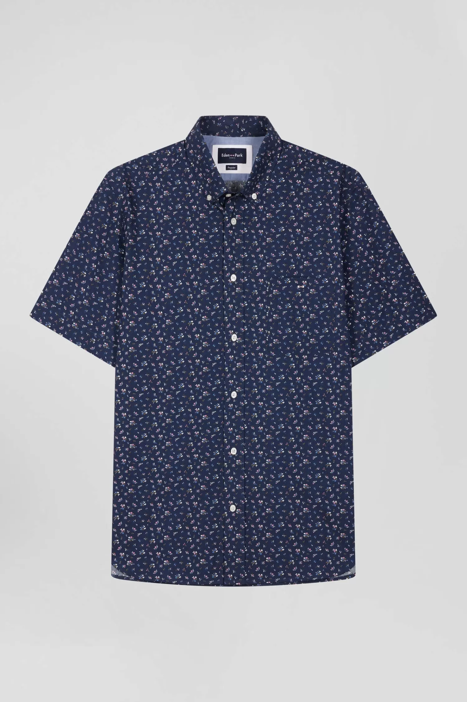 Eden Park Regular navy blue cotton short-sleeved shirt with micro floral print< Short-sleeved Shirts