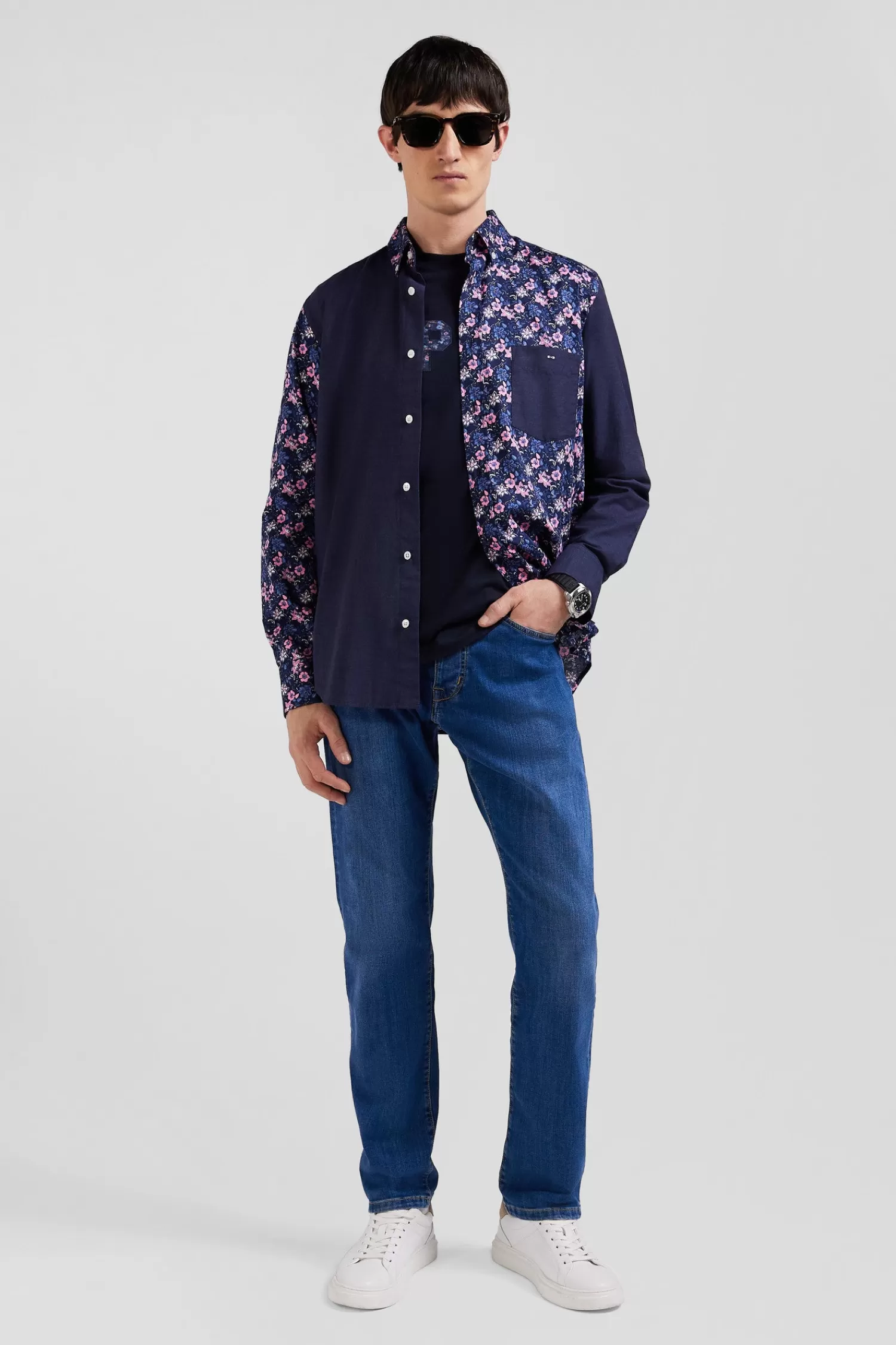 Eden Park Regular navy blue cotton twill shirt with micro floral print< Shirts