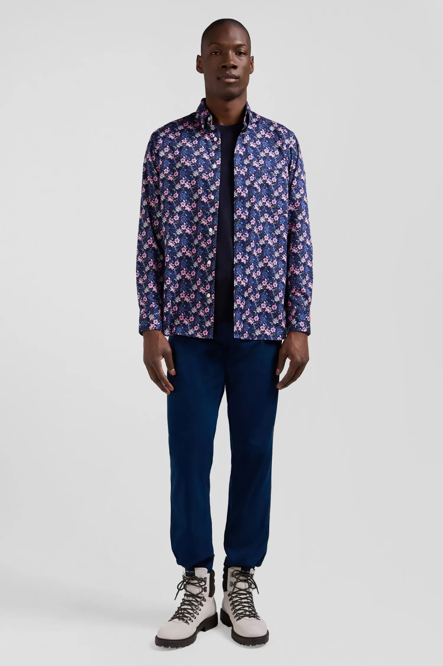 Eden Park Regular navy blue cotton twill shirt with pink floral print< Shirts