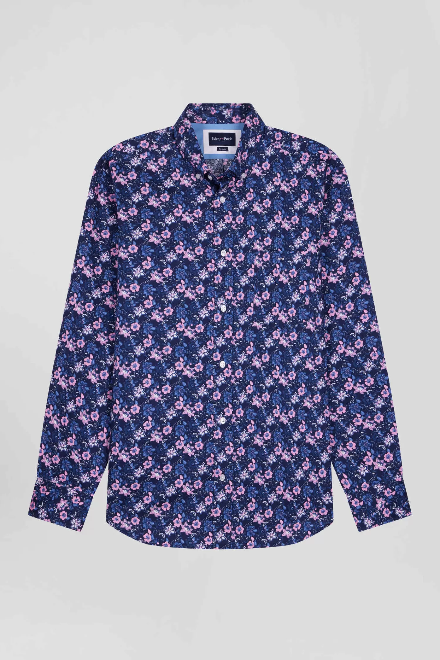 Eden Park Regular navy blue cotton twill shirt with pink floral print< Shirts