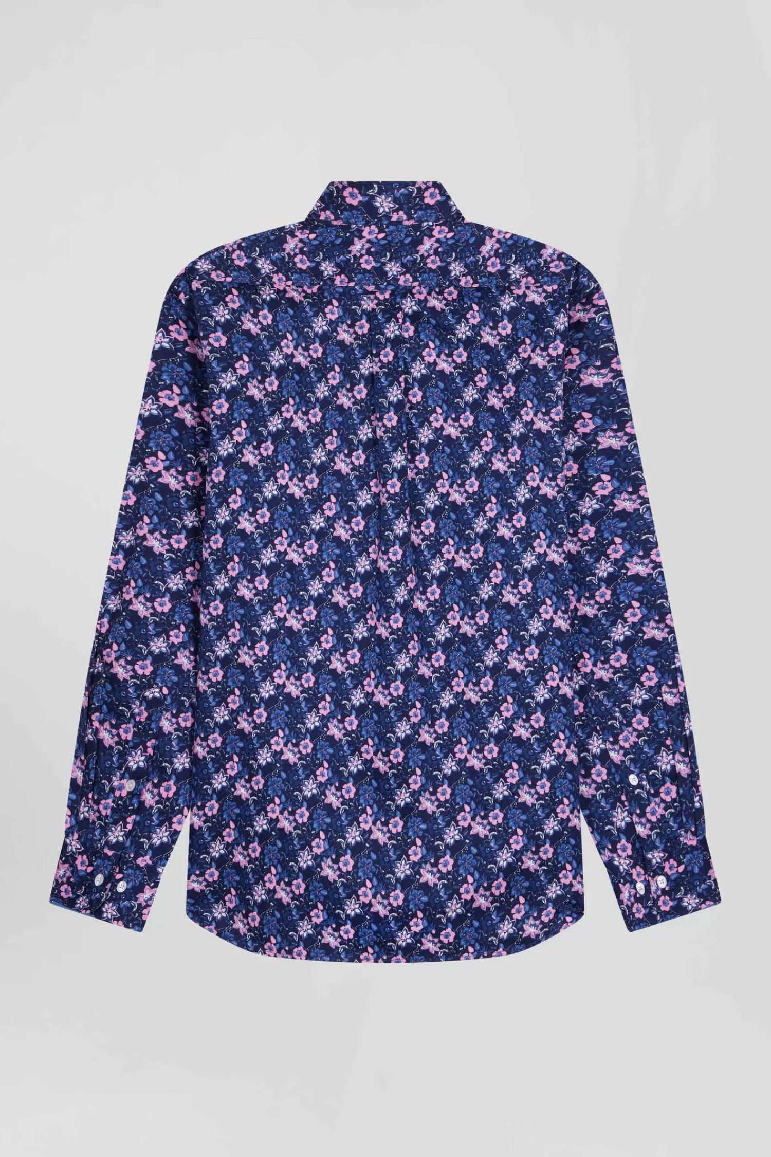 Eden Park Regular navy blue cotton twill shirt with pink floral print< Shirts