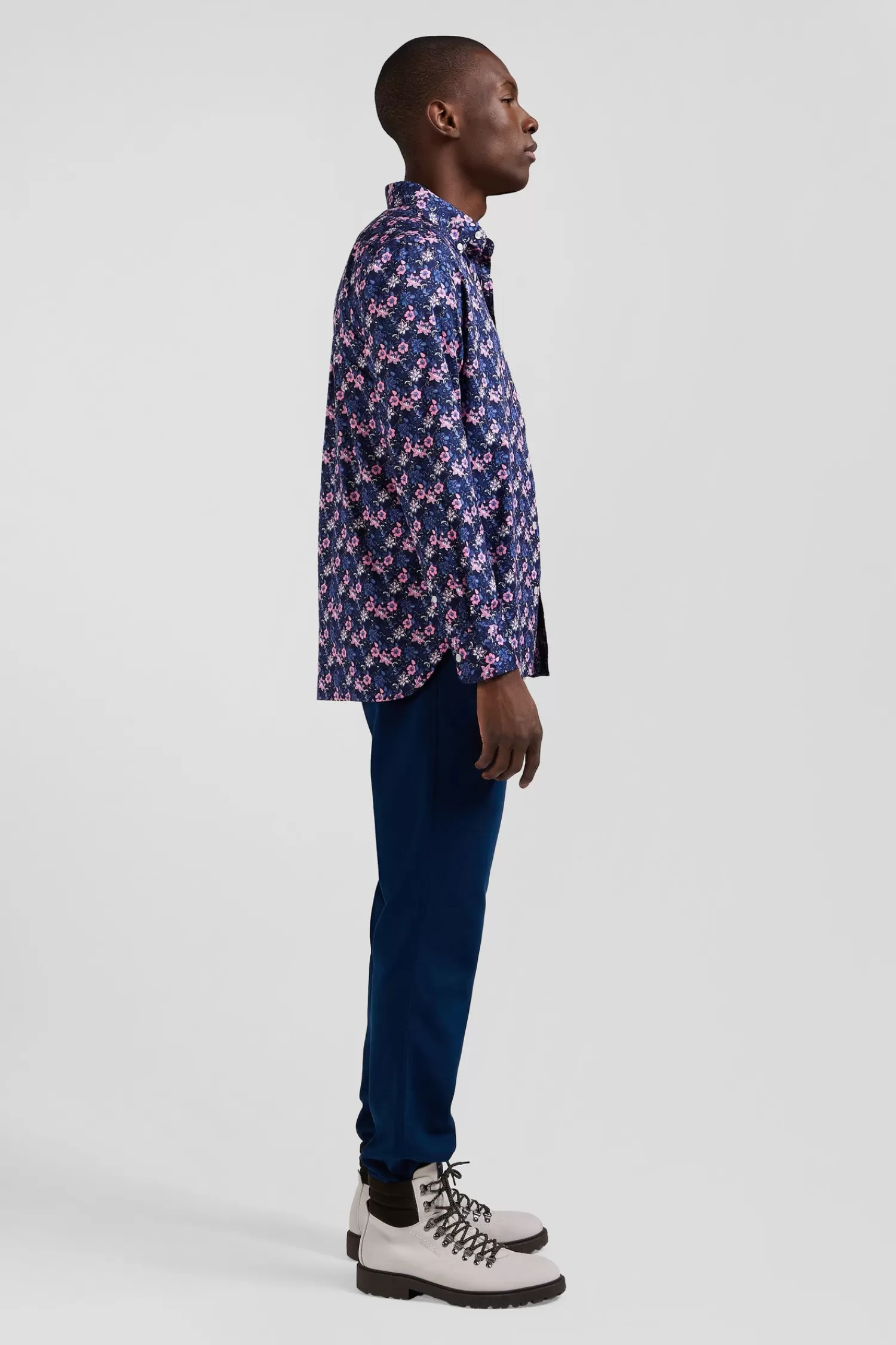 Eden Park Regular navy blue cotton twill shirt with pink floral print< Shirts