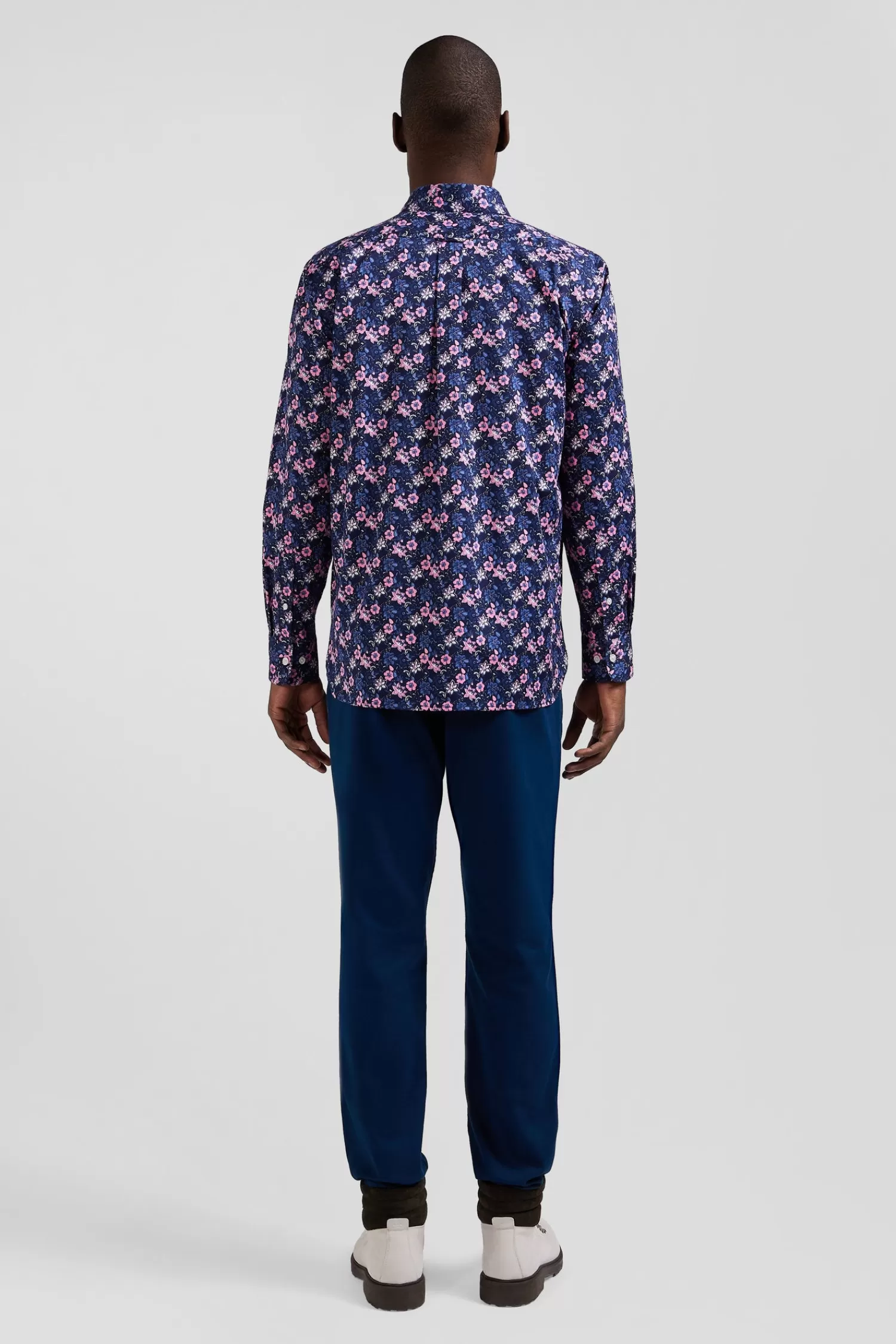 Eden Park Regular navy blue cotton twill shirt with pink floral print< Shirts