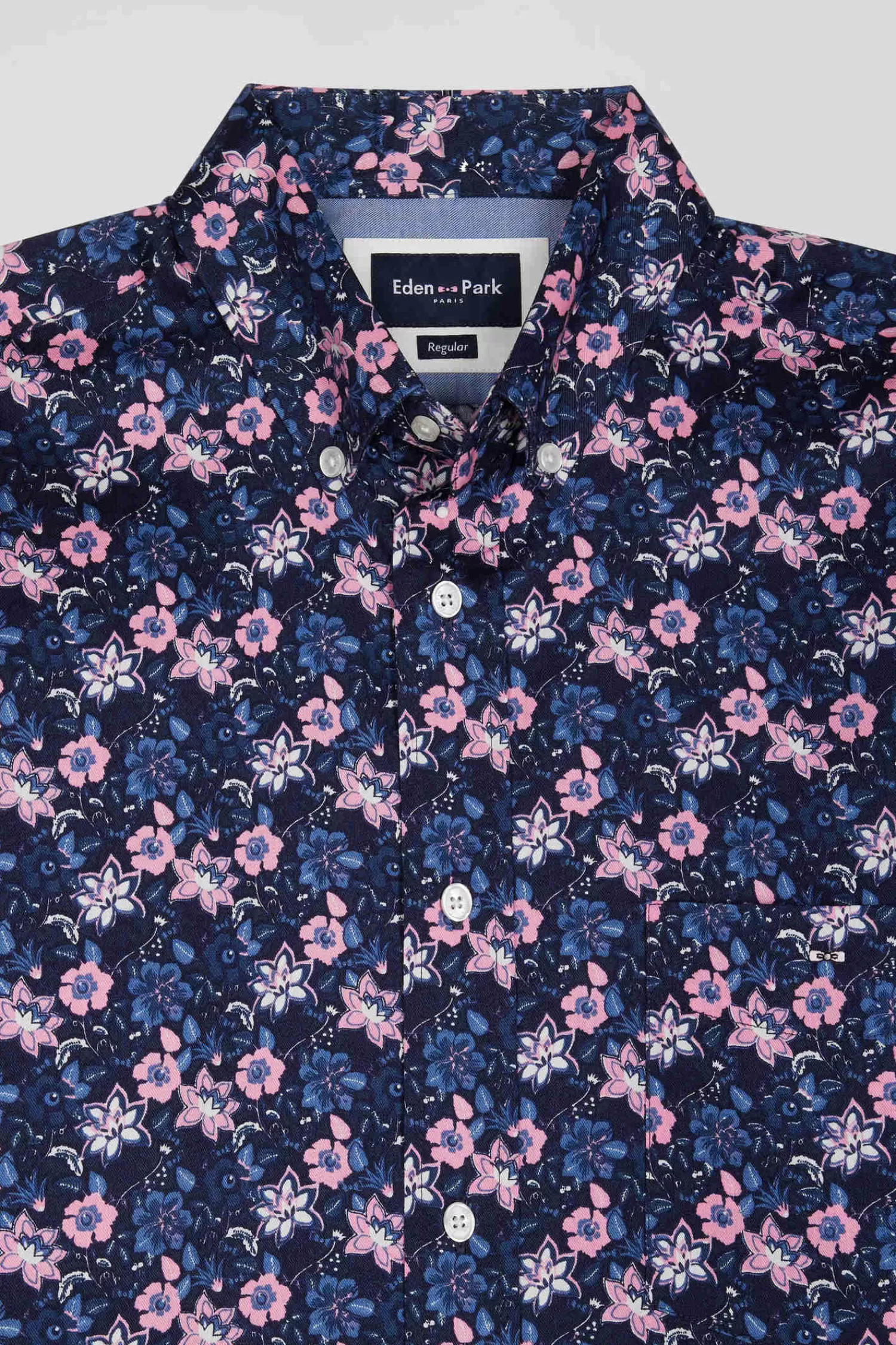 Eden Park Regular navy blue cotton twill shirt with pink floral print< Shirts