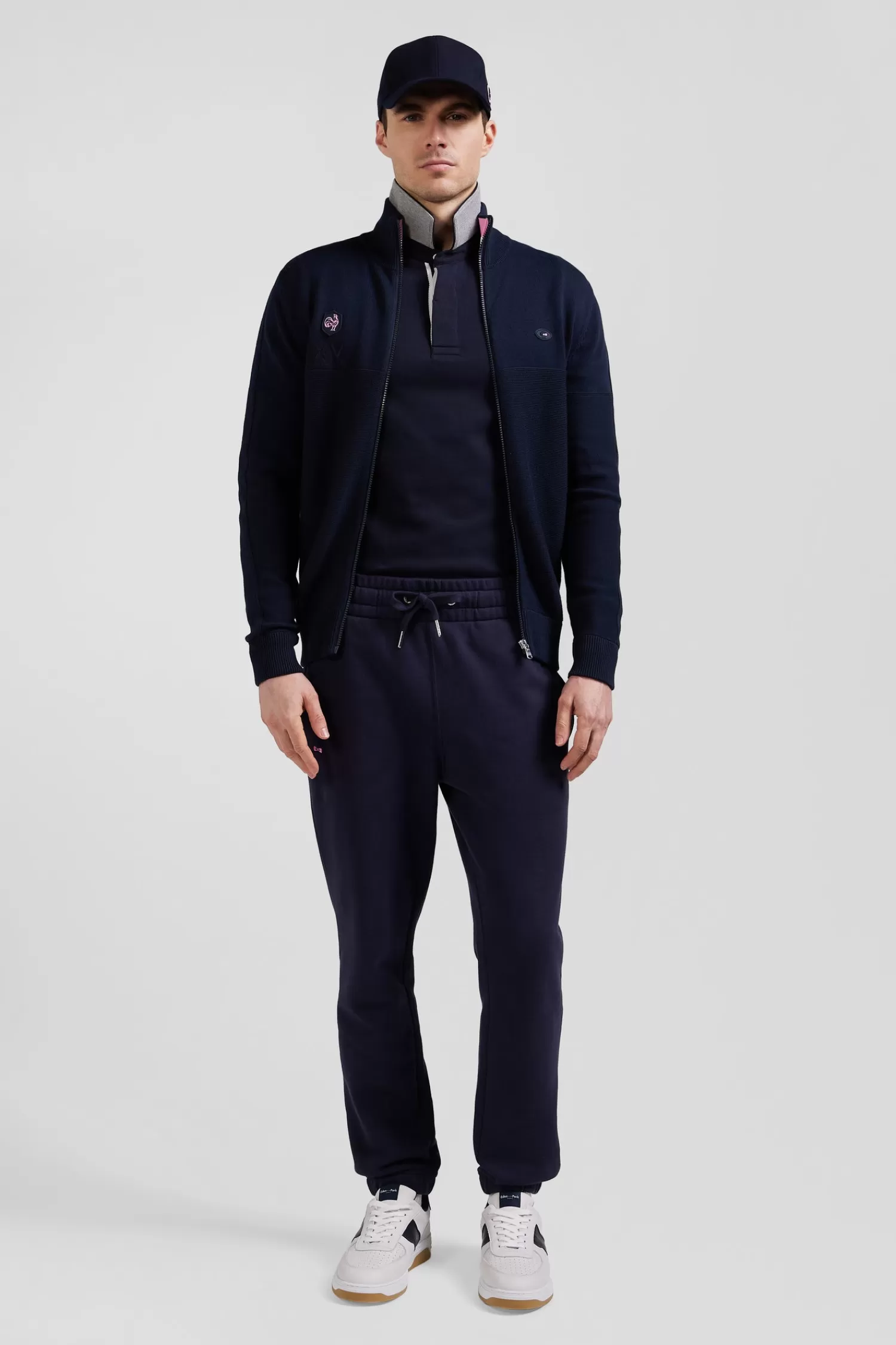 Eden Park Regular navy blue cotton zipped cardigan with XV de France rubber badge and tricolour details< Cardigans