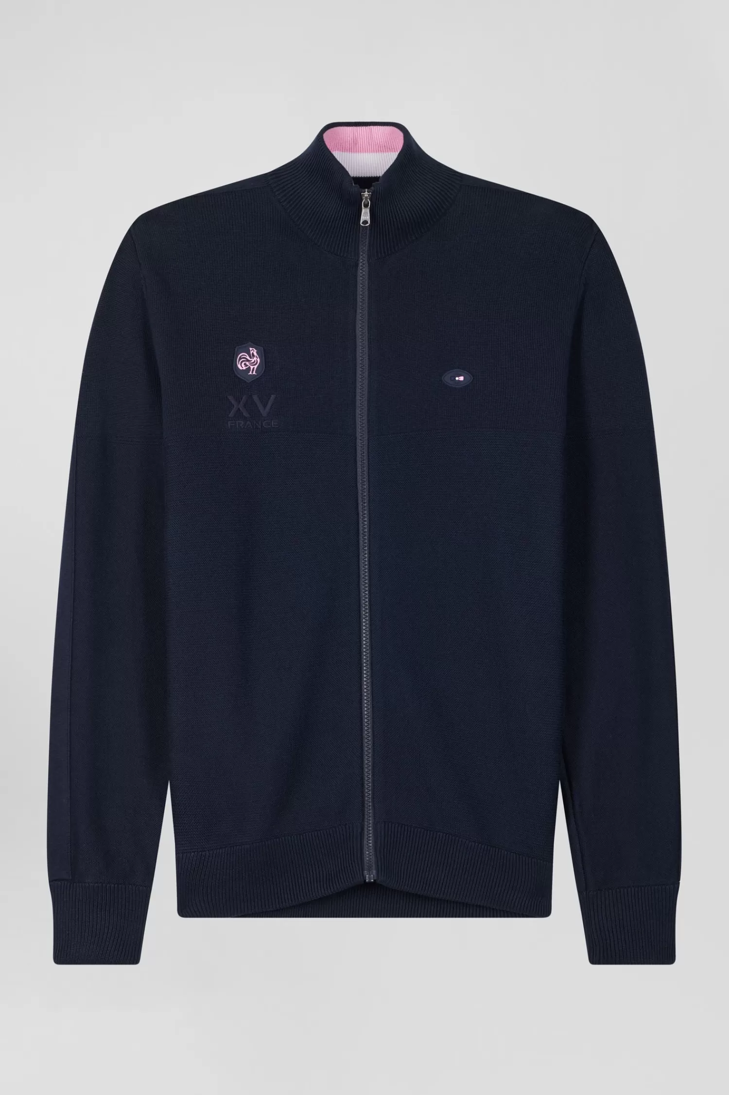 Eden Park Regular navy blue cotton zipped cardigan with XV de France rubber badge and tricolour details< Cardigans