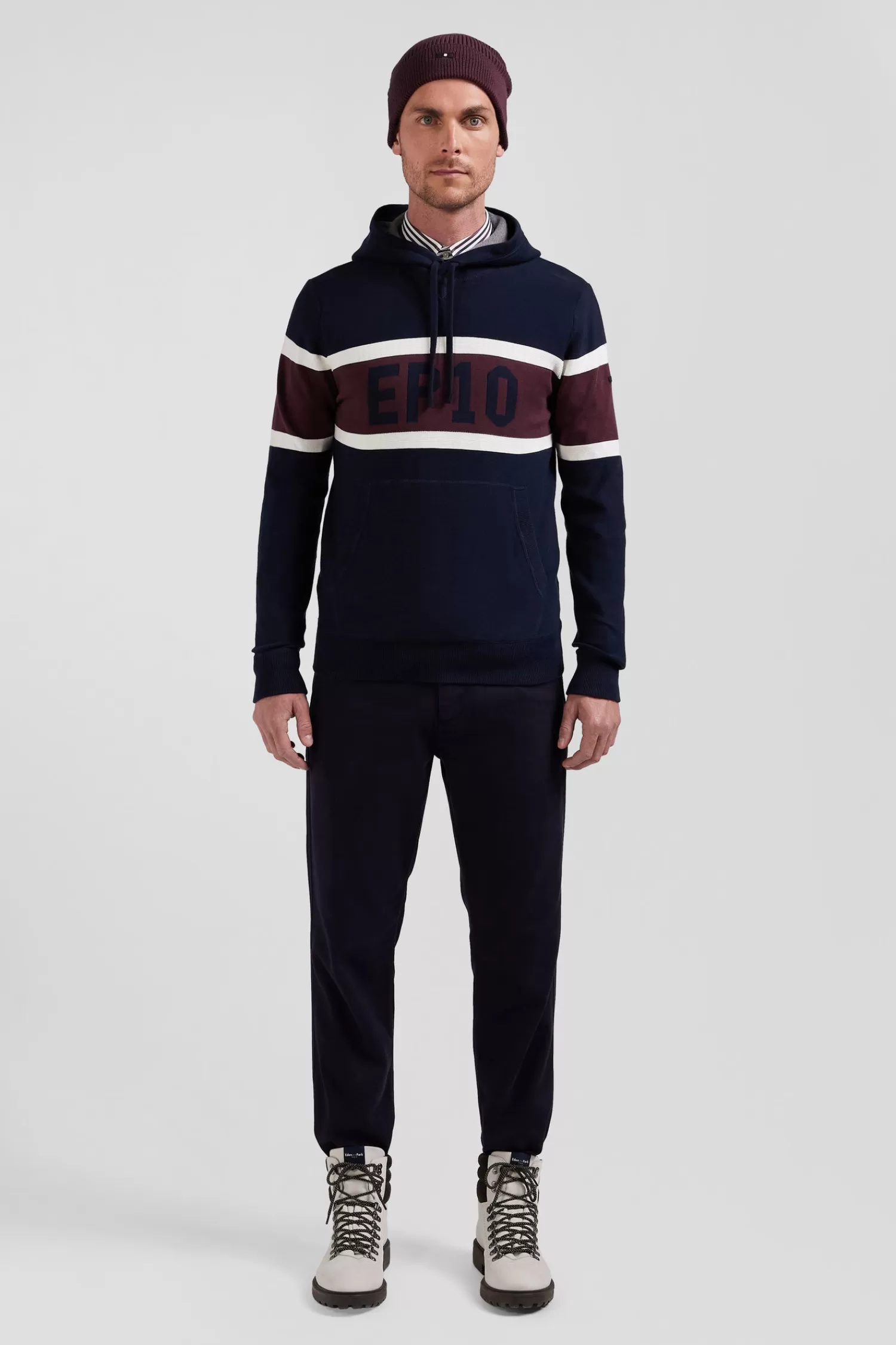 Eden Park Regular navy blue hooded jumper with EP10 jacquard< Sweaters