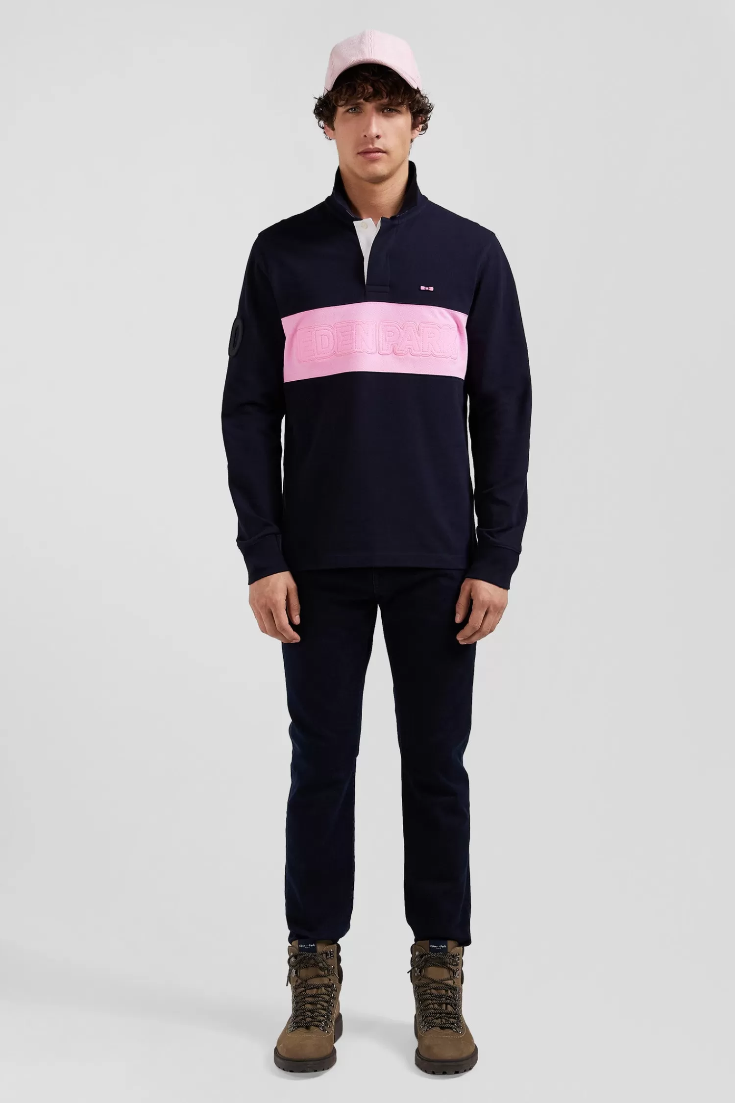Eden Park Regular navy blue long-sleeved cotton piqué polo shirt with padded embroidery< Polos