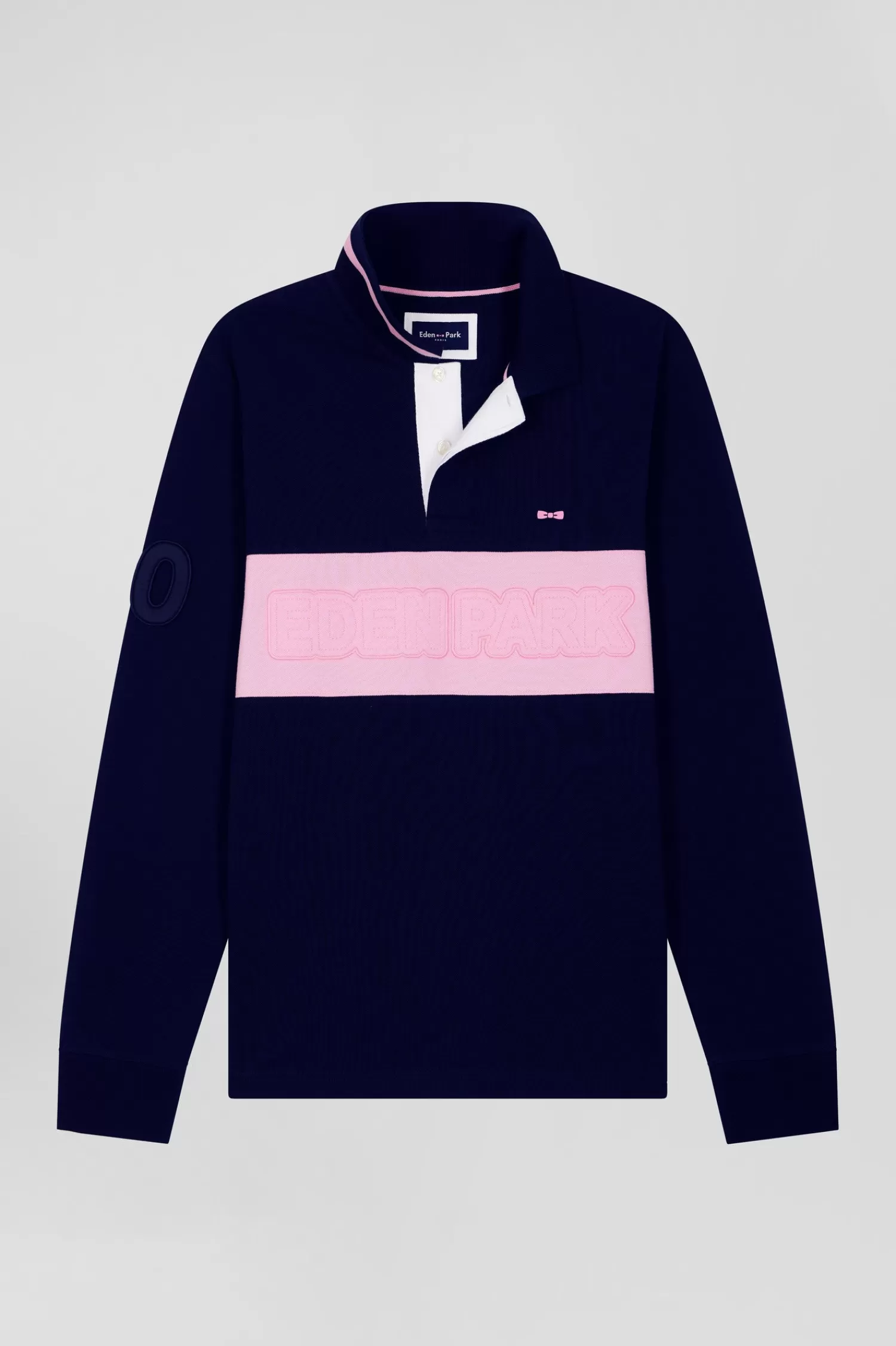 Eden Park Regular navy blue long-sleeved cotton piqué polo shirt with padded embroidery< Polos