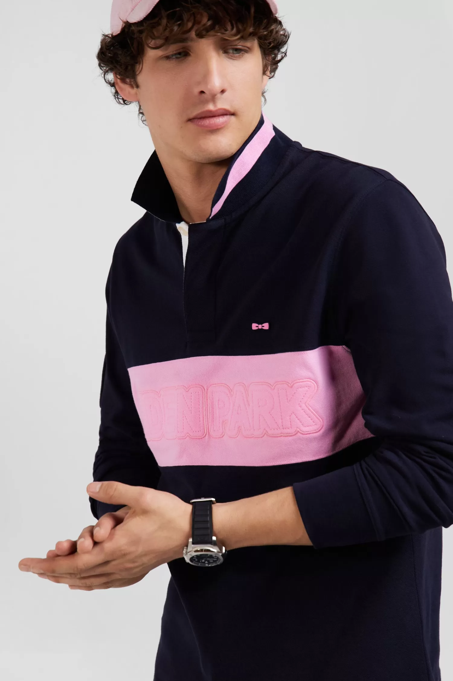 Eden Park Regular navy blue long-sleeved cotton piqué polo shirt with padded embroidery< Polos