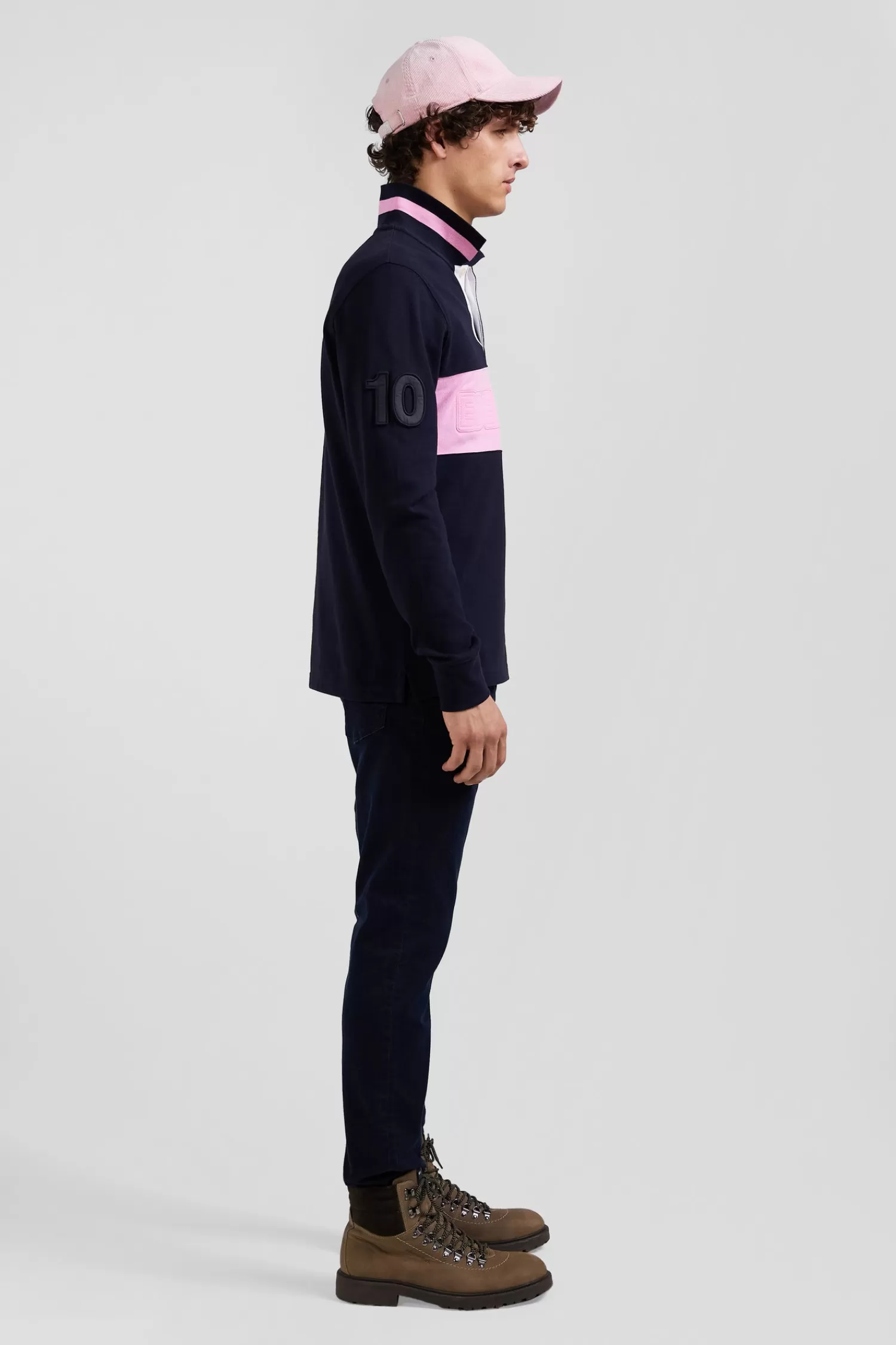 Eden Park Regular navy blue long-sleeved cotton piqué polo shirt with padded embroidery< Polos