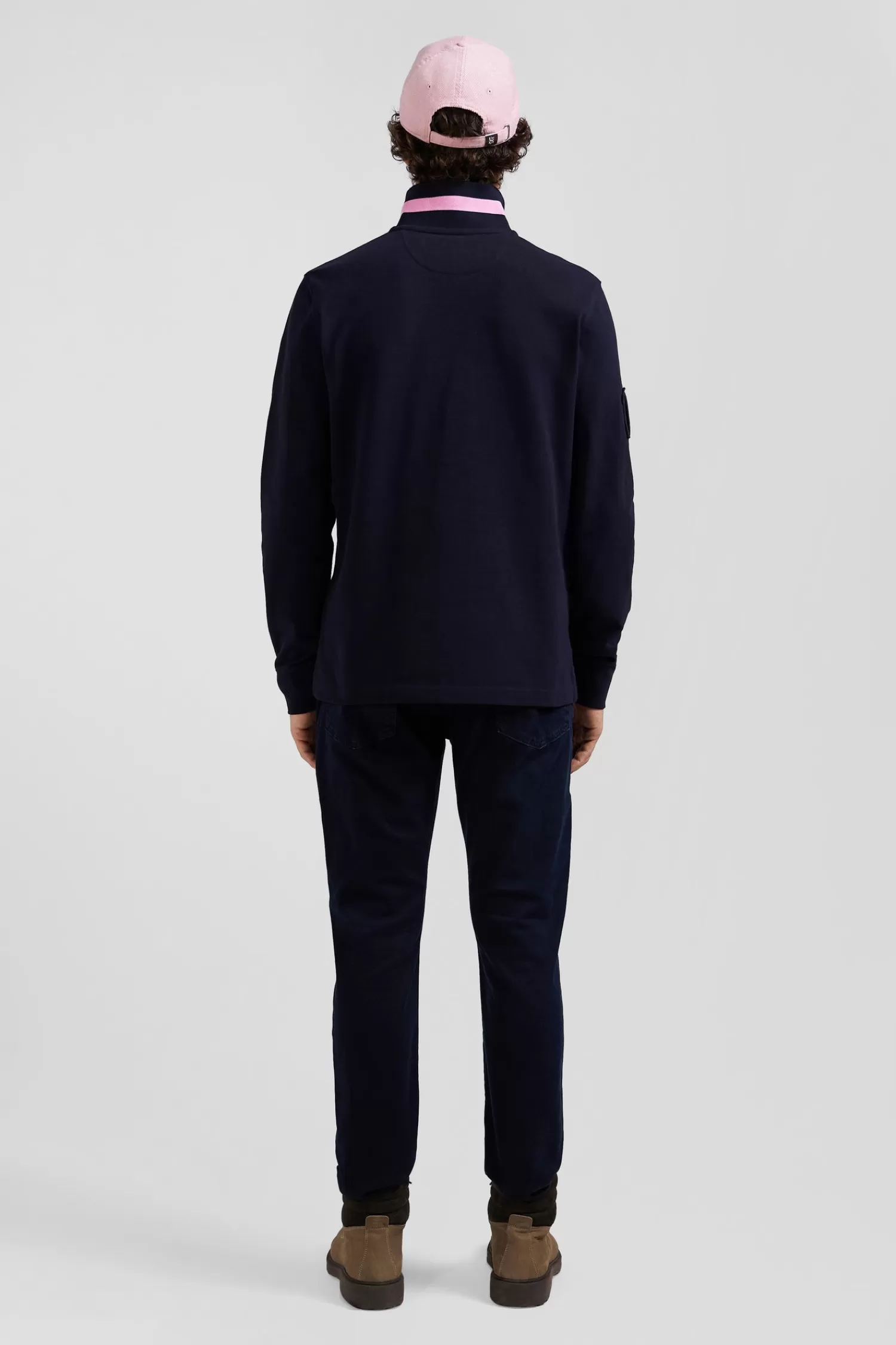 Eden Park Regular navy blue long-sleeved cotton piqué polo shirt with padded embroidery< Polos