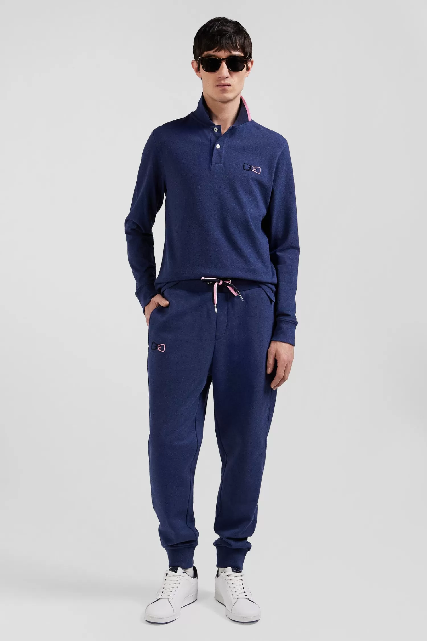Eden Park Regular navy blue long-sleeved cotton piqué polo shirt with pink details< Polos