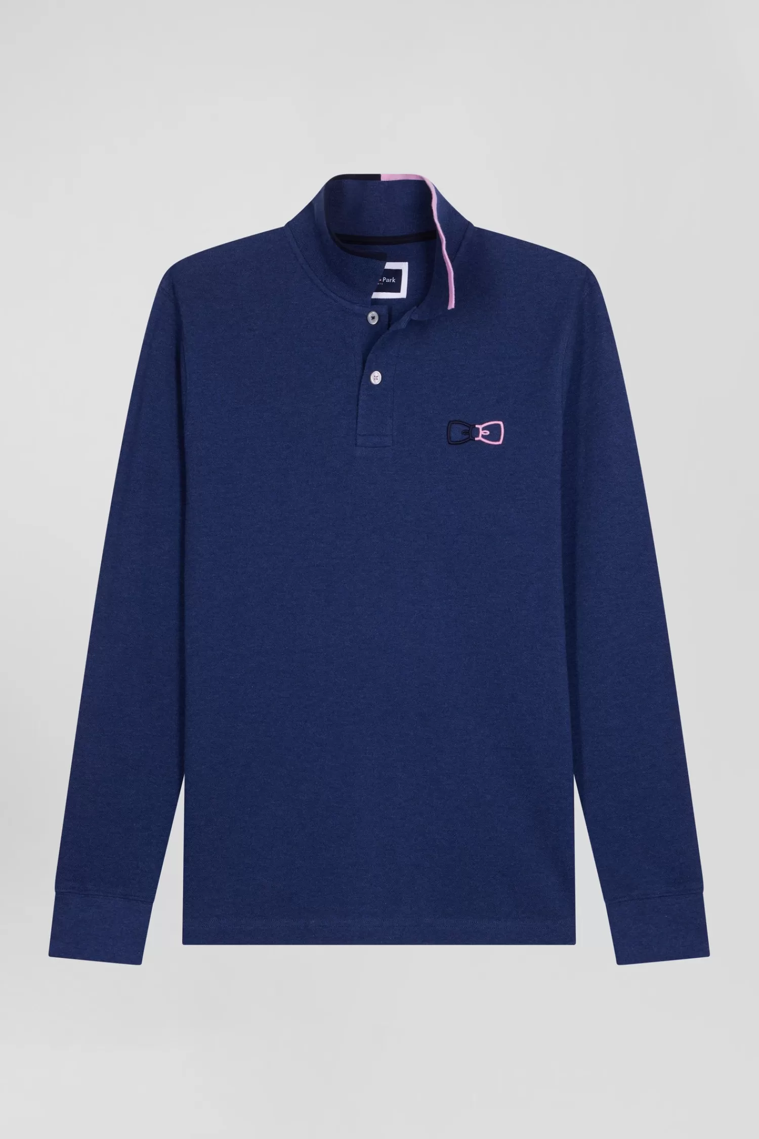Eden Park Regular navy blue long-sleeved cotton piqué polo shirt with pink details< Polos