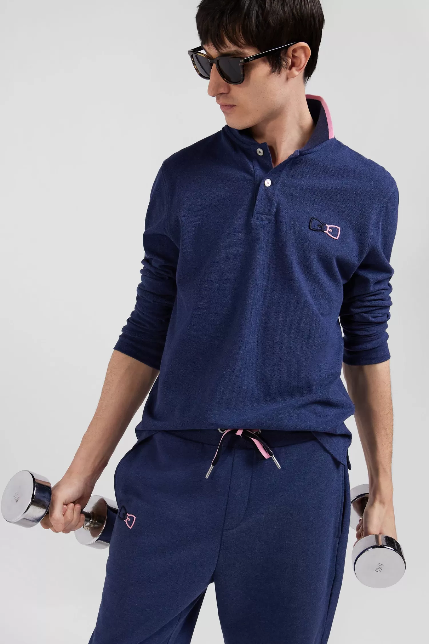 Eden Park Regular navy blue long-sleeved cotton piqué polo shirt with pink details< Polos