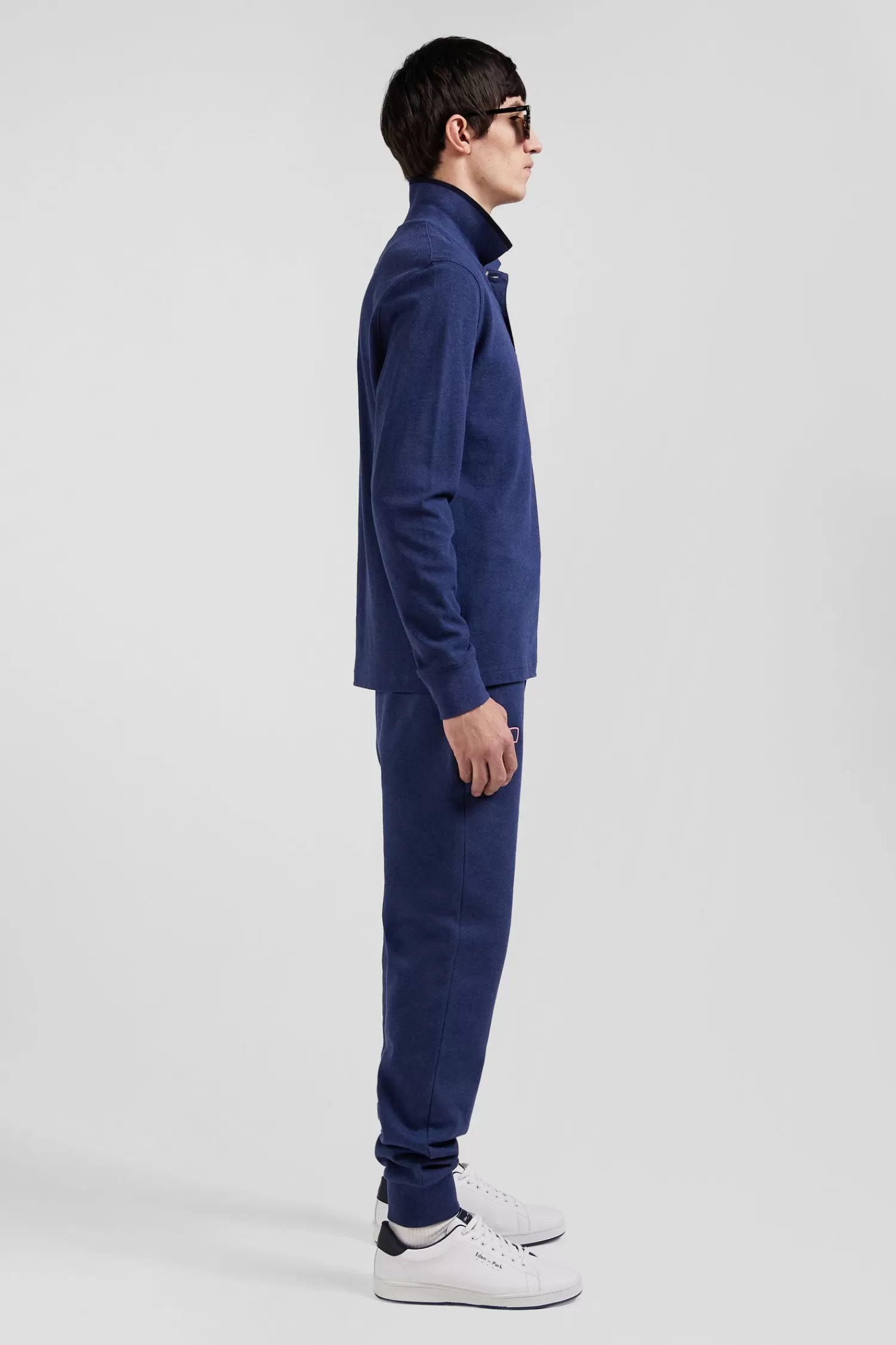 Eden Park Regular navy blue long-sleeved cotton piqué polo shirt with pink details< Polos