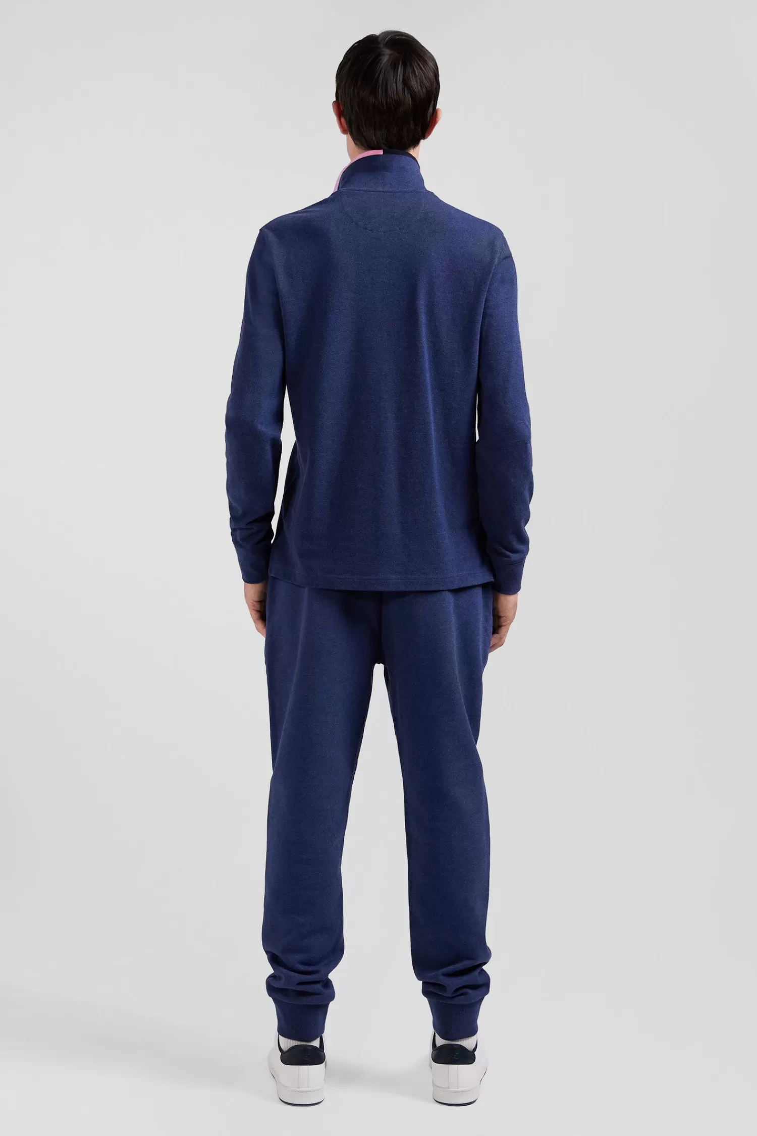 Eden Park Regular navy blue long-sleeved cotton piqué polo shirt with pink details< Polos