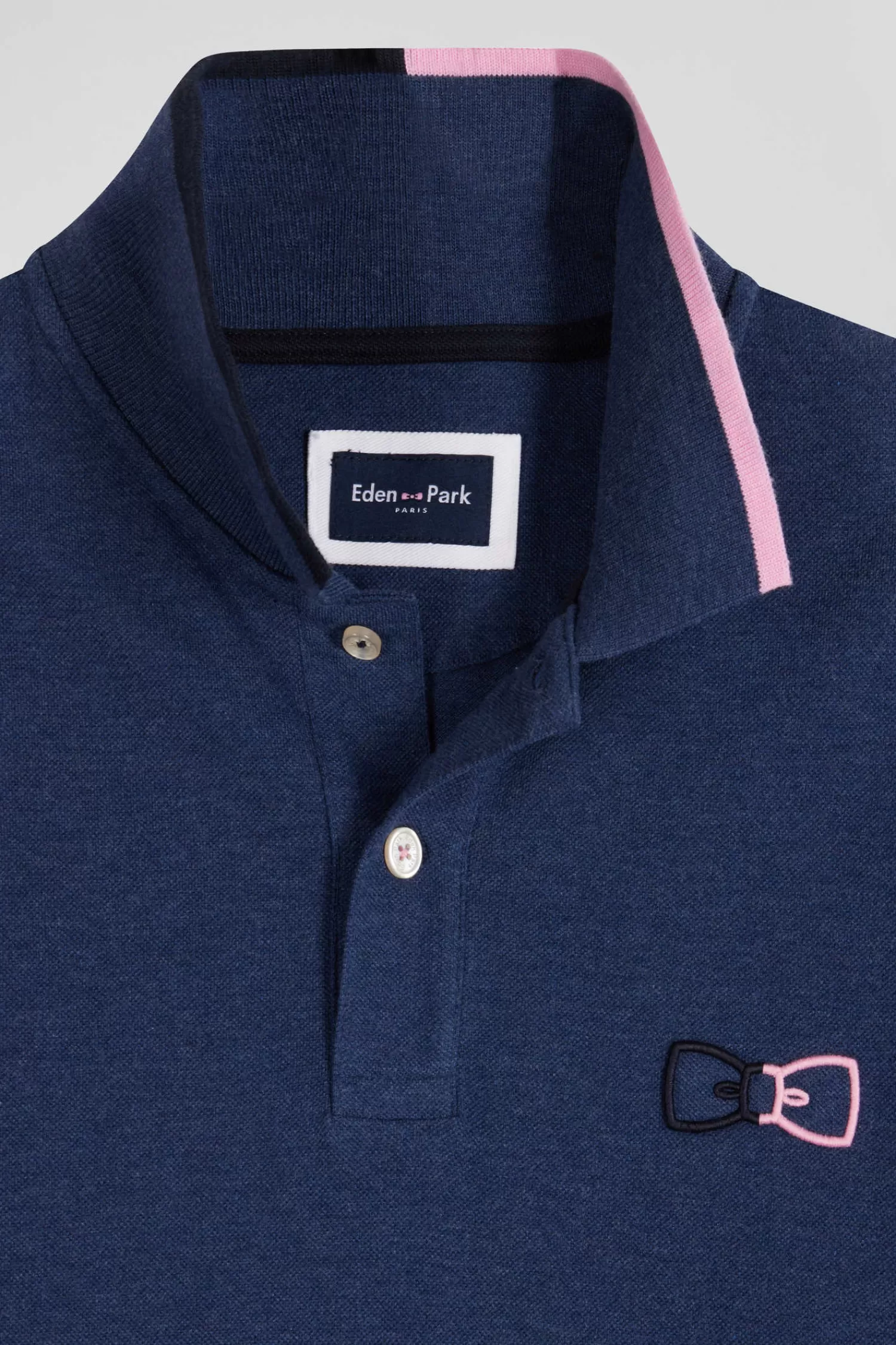 Eden Park Regular navy blue long-sleeved cotton piqué polo shirt with pink details< Polos