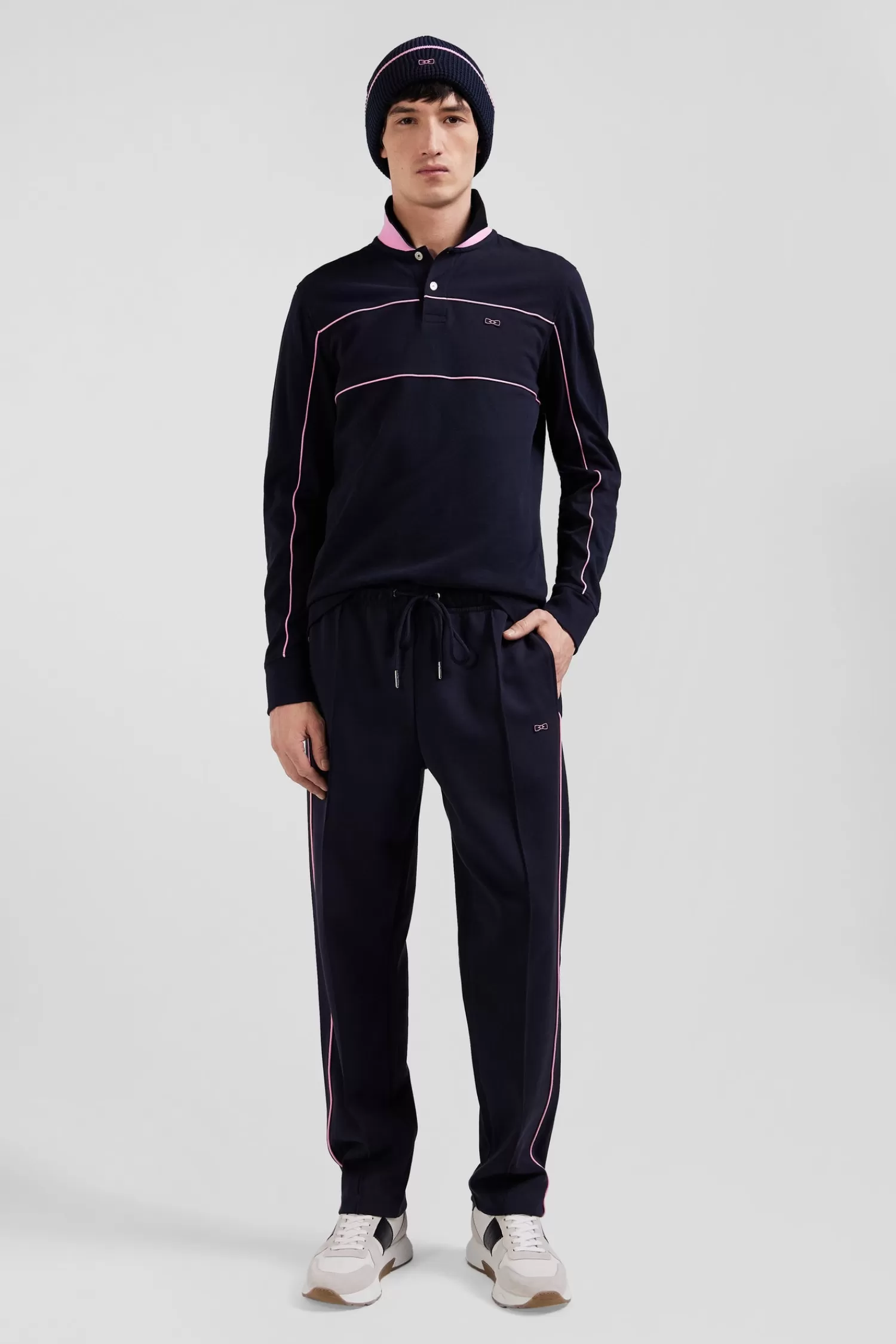 Eden Park Regular navy blue long-sleeved cotton piqué polo shirt with pink piping< Polos