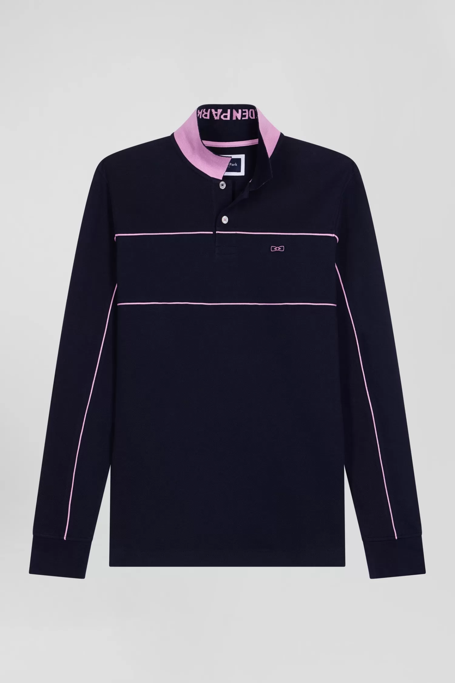 Eden Park Regular navy blue long-sleeved cotton piqué polo shirt with pink piping< Polos