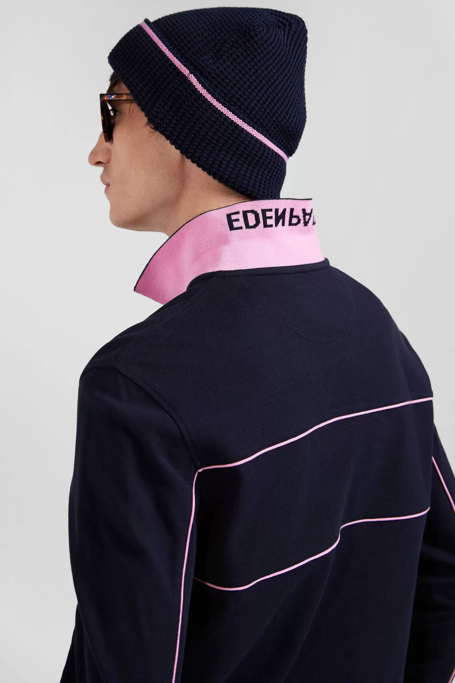 Eden Park Regular navy blue long-sleeved cotton piqué polo shirt with pink piping< Polos