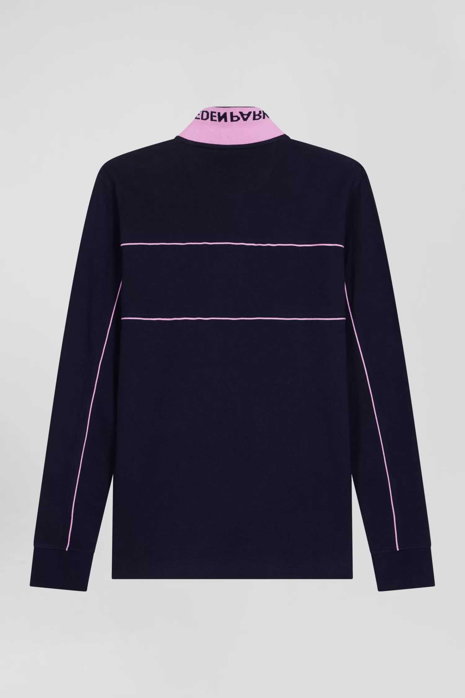 Eden Park Regular navy blue long-sleeved cotton piqué polo shirt with pink piping< Polos