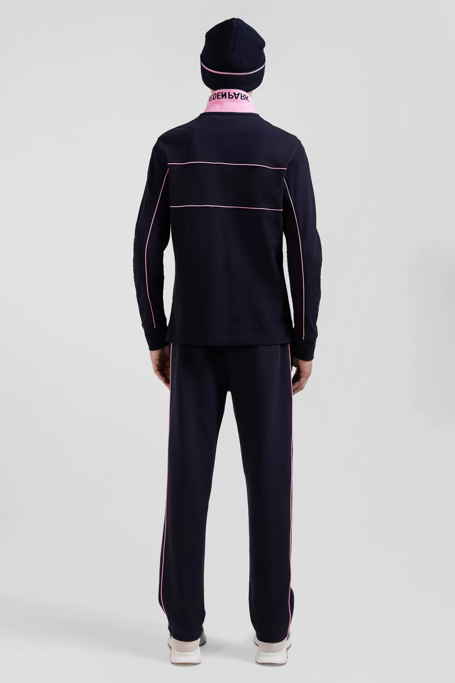 Eden Park Regular navy blue long-sleeved cotton piqué polo shirt with pink piping< Polos