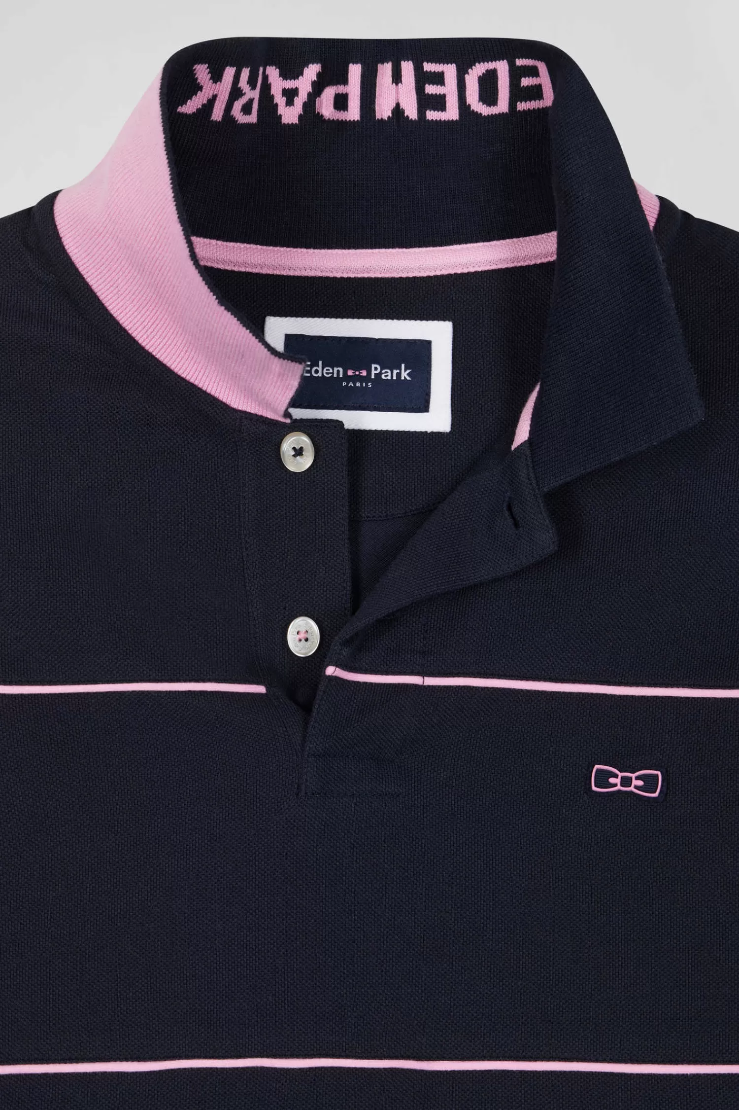 Eden Park Regular navy blue long-sleeved cotton piqué polo shirt with pink piping< Polos