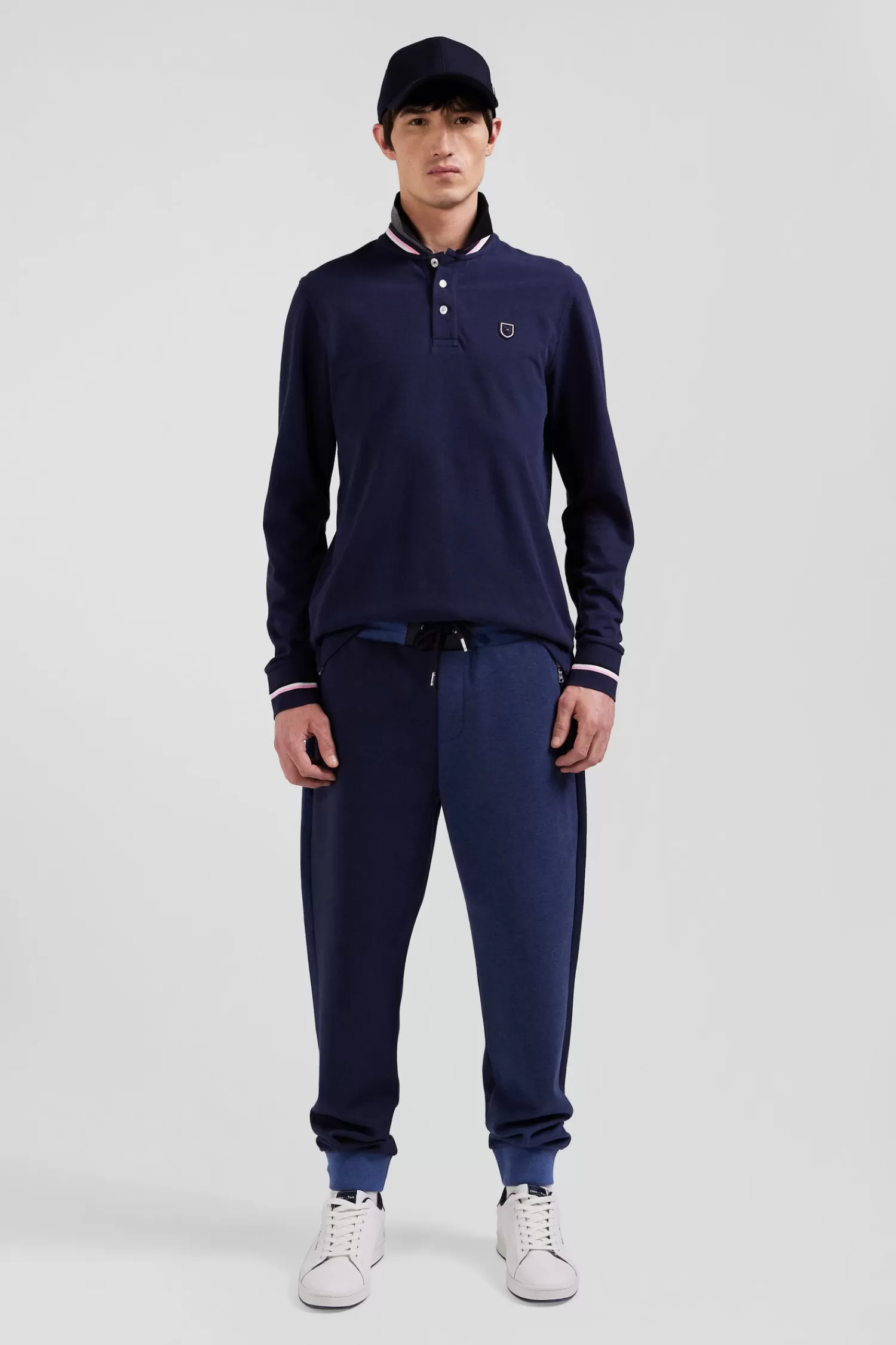 Eden Park Regular navy blue long-sleeved cotton piqué polo shirt with rubber badge< Polos