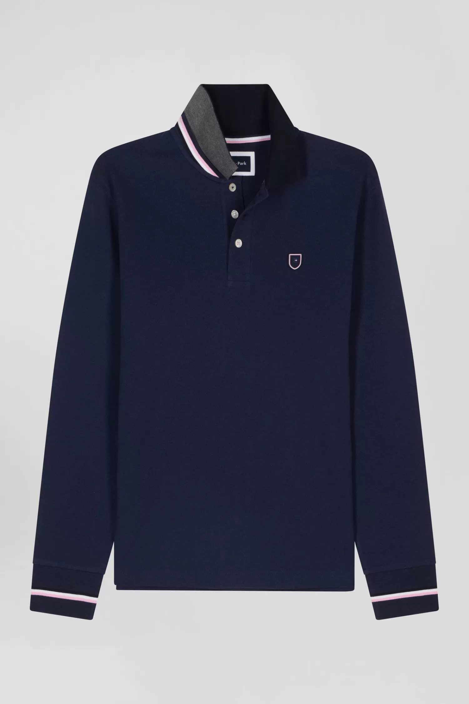 Eden Park Regular navy blue long-sleeved cotton piqué polo shirt with rubber badge< Polos