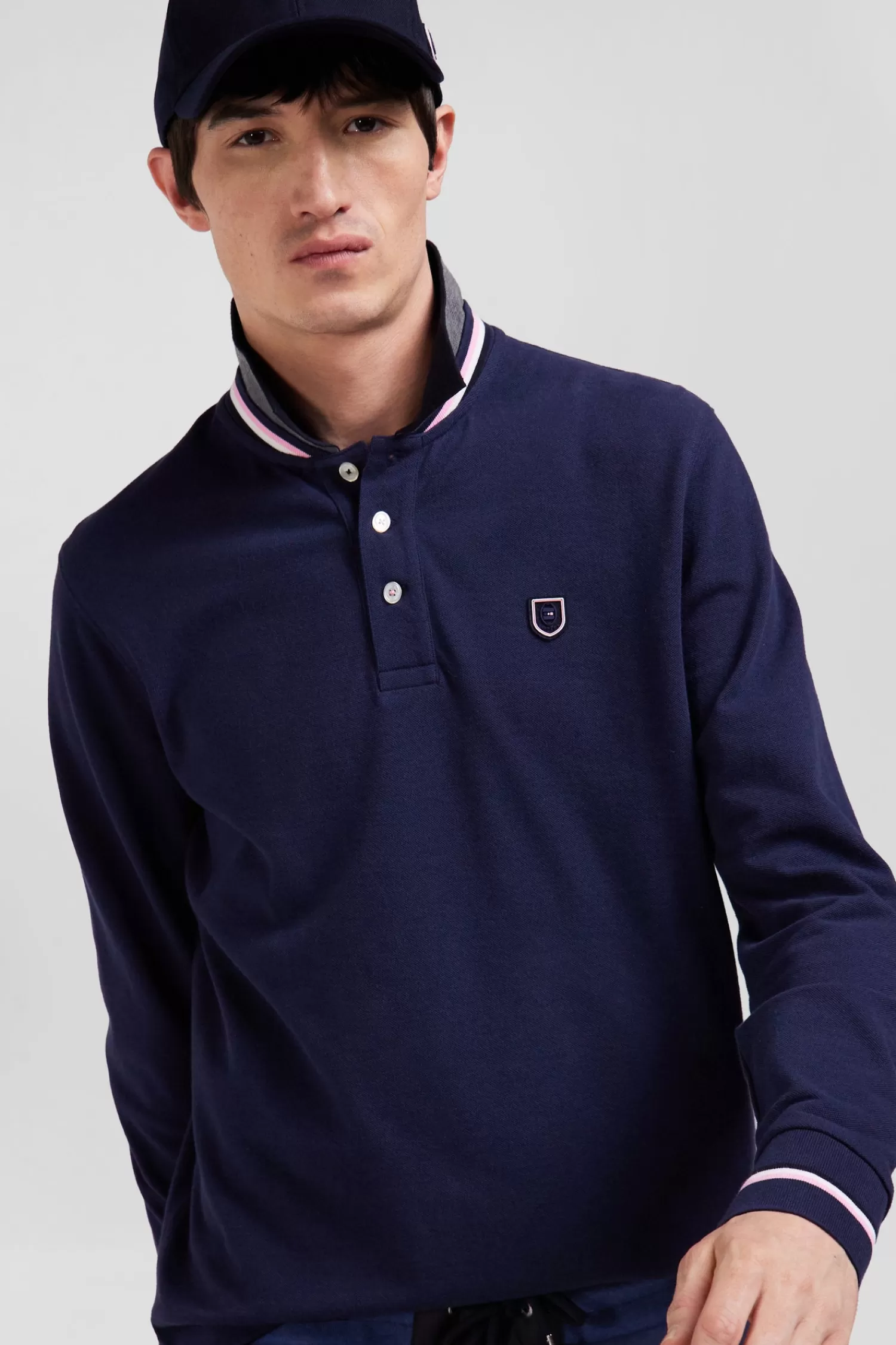 Eden Park Regular navy blue long-sleeved cotton piqué polo shirt with rubber badge< Polos