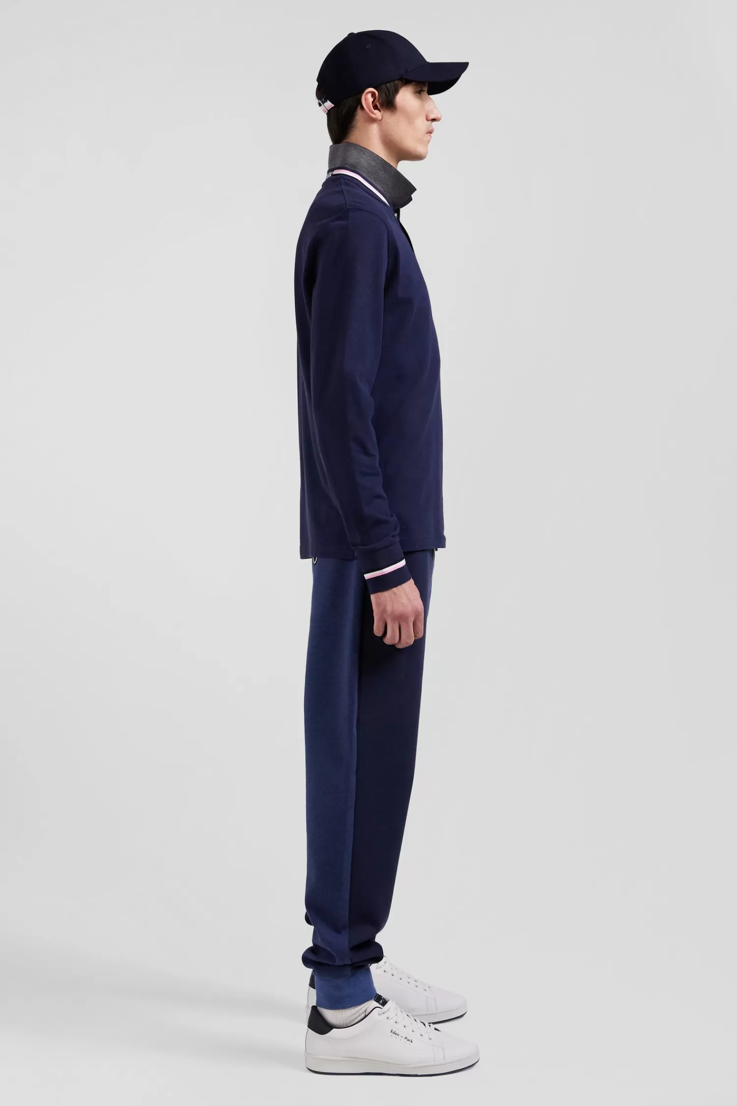 Eden Park Regular navy blue long-sleeved cotton piqué polo shirt with rubber badge< Polos