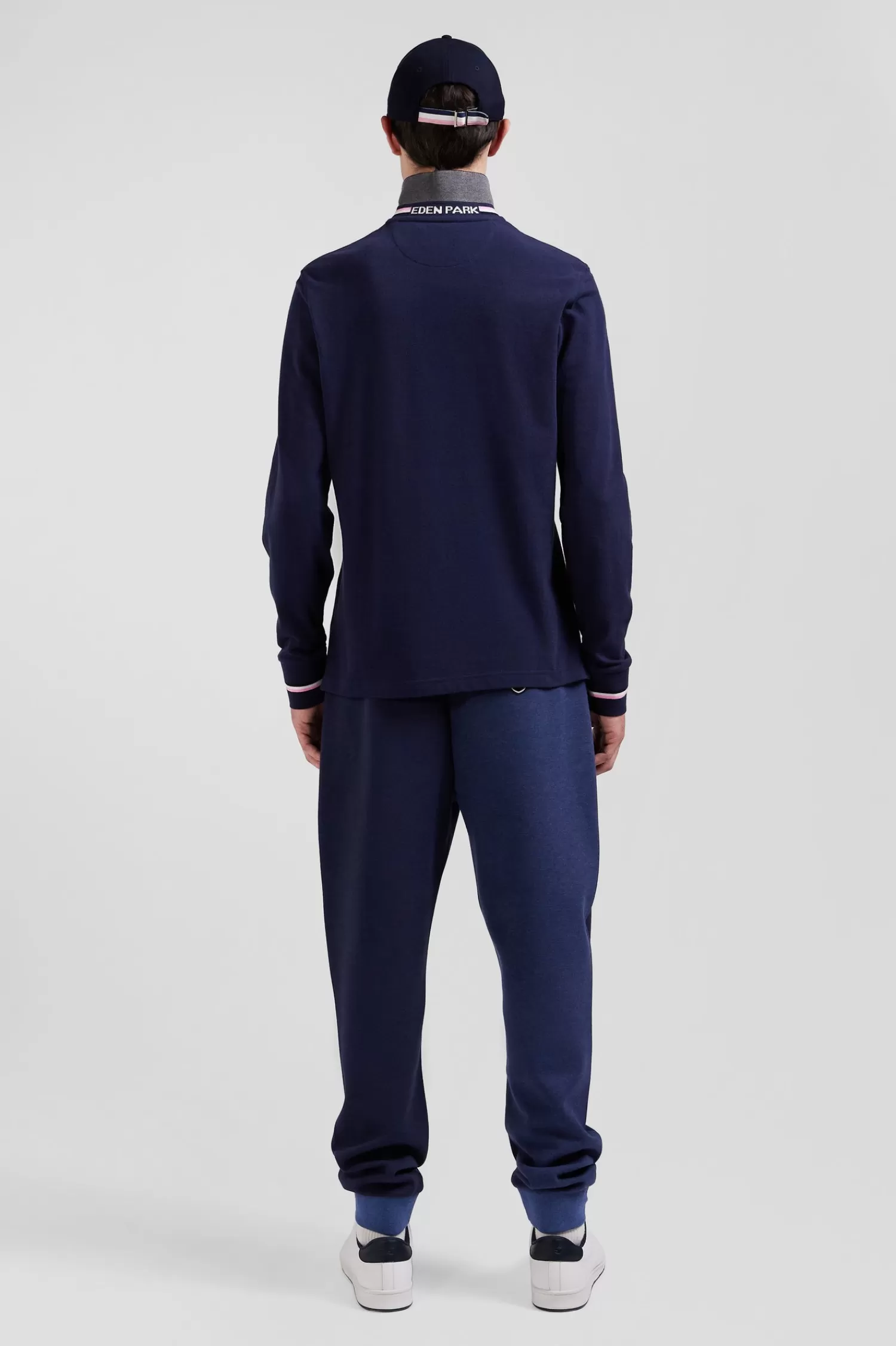 Eden Park Regular navy blue long-sleeved cotton piqué polo shirt with rubber badge< Polos