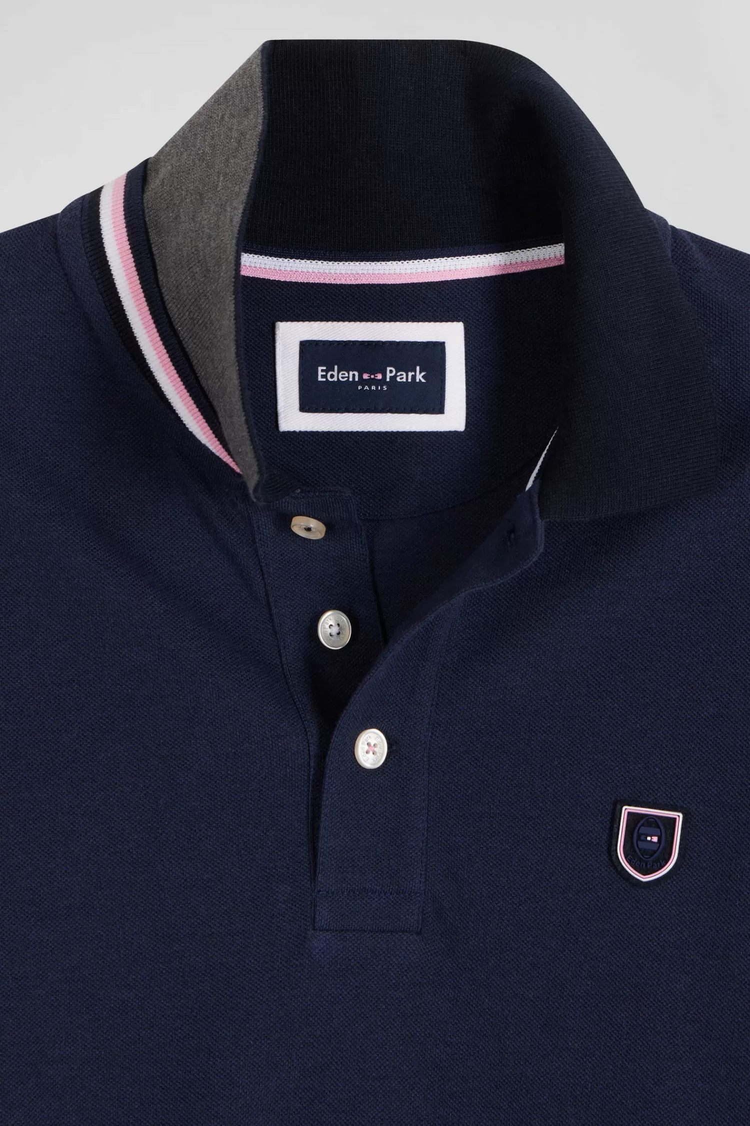 Eden Park Regular navy blue long-sleeved cotton piqué polo shirt with rubber badge< Polos