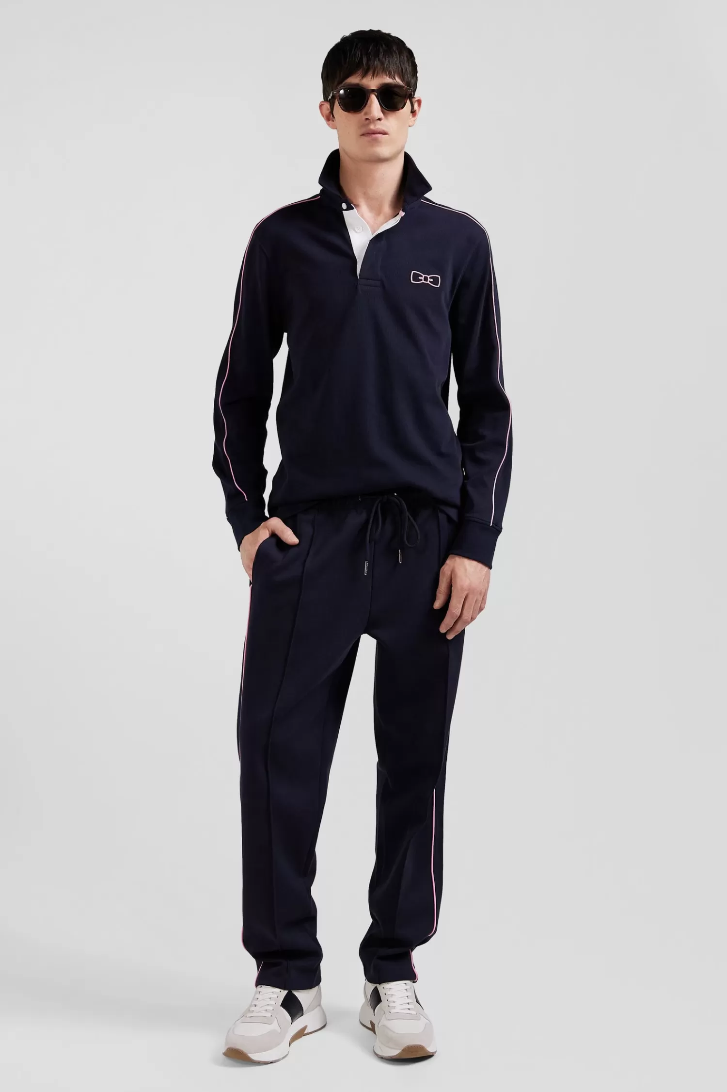 Eden Park Regular navy blue long-sleeved cotton rugby shirt with pink piping< Rugby Shirts