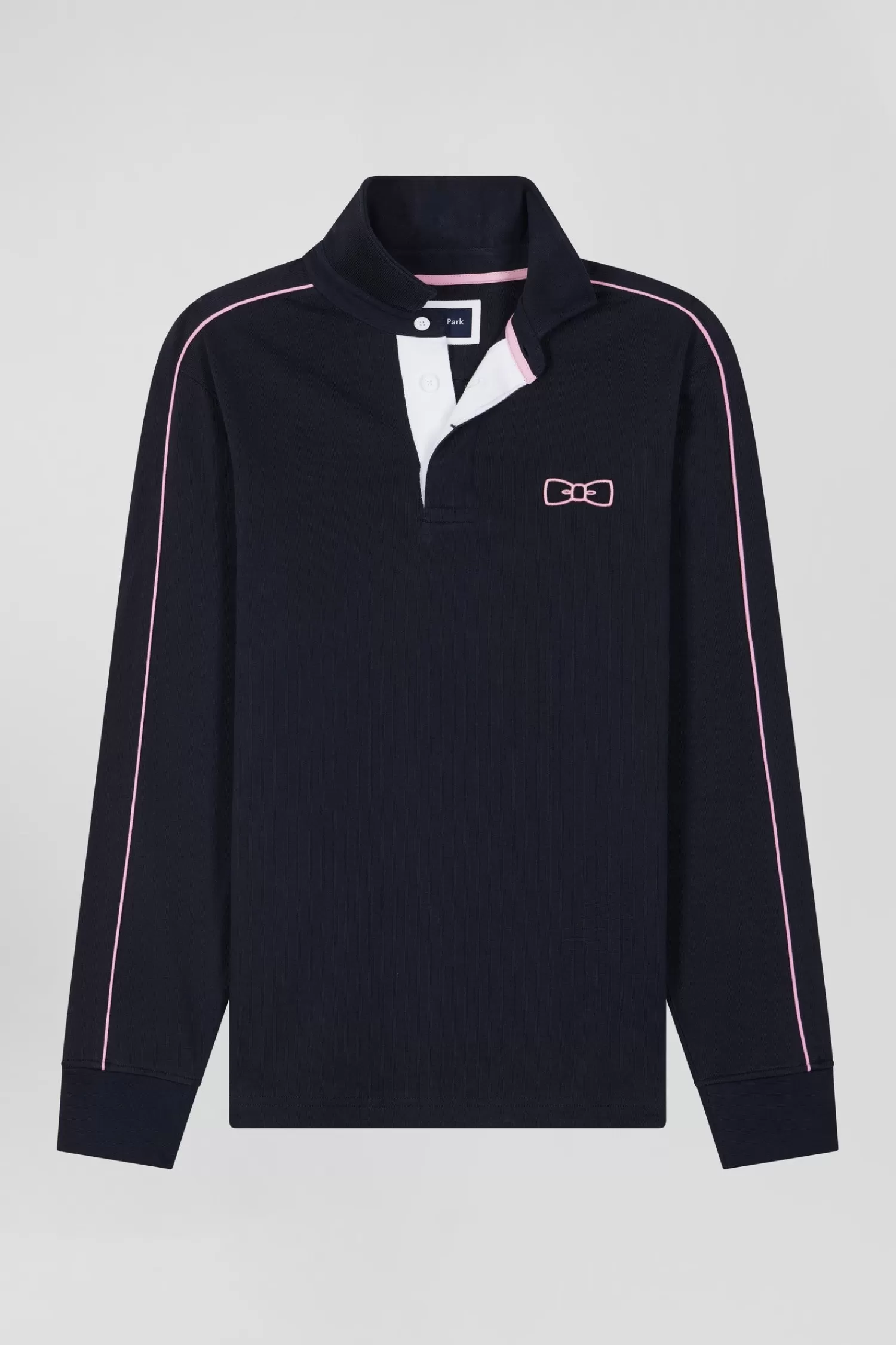 Eden Park Regular navy blue long-sleeved cotton rugby shirt with pink piping< Rugby Shirts