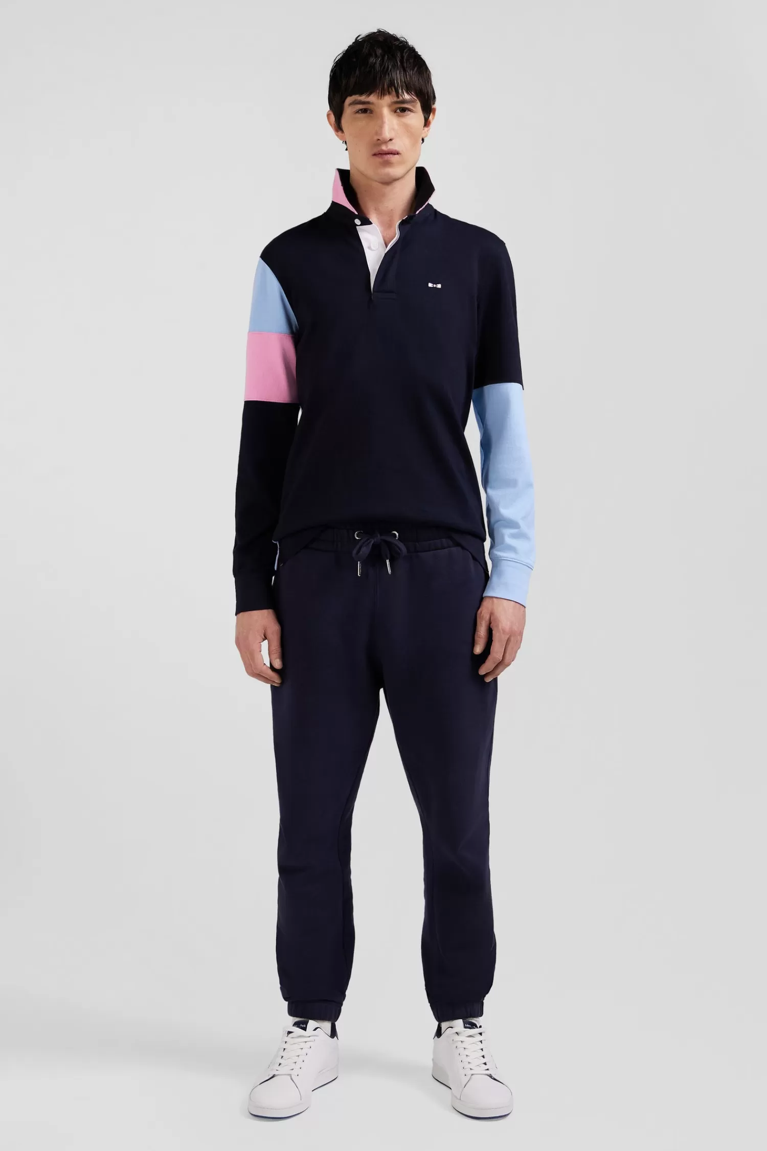 Eden Park Regular navy blue long-sleeved cotton rugby shirt with tie fabric patchwork< Rugby Shirts