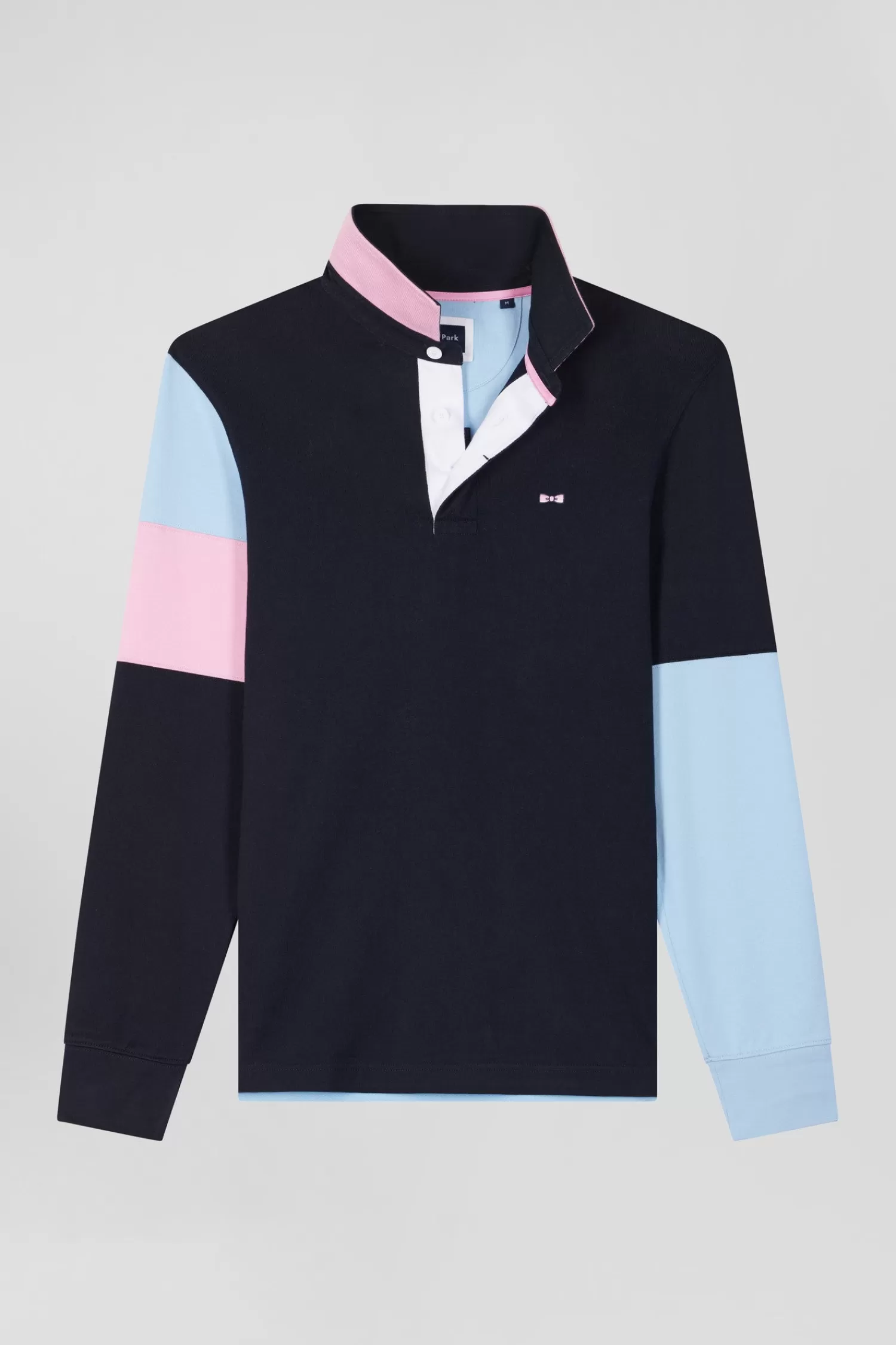 Eden Park Regular navy blue long-sleeved cotton rugby shirt with tie fabric patchwork< Rugby Shirts