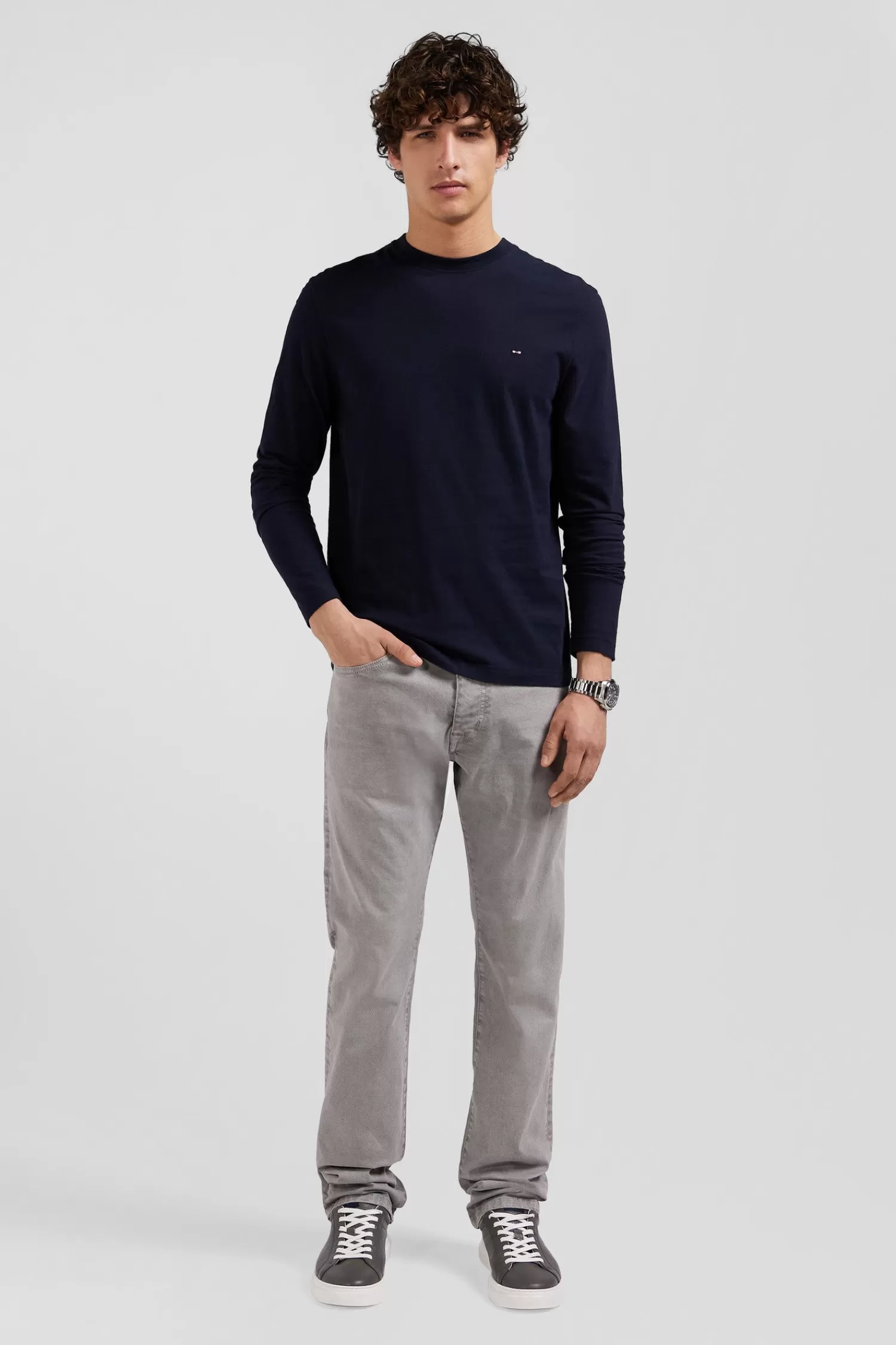 Eden Park Regular navy blue long-sleeved cotton T-shirt with floral back patch< T-shirts