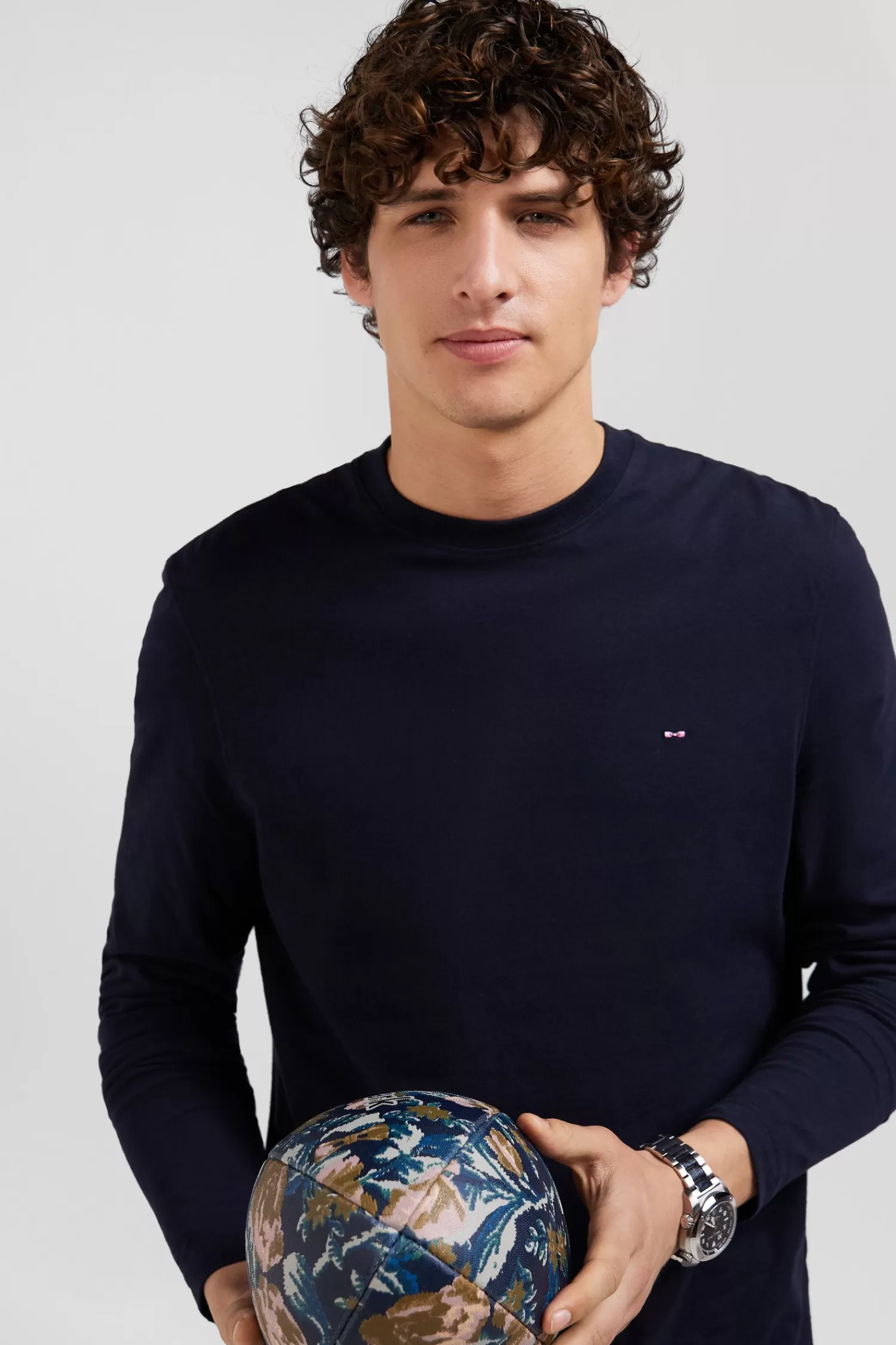 Eden Park Regular navy blue long-sleeved cotton T-shirt with floral back patch< T-shirts