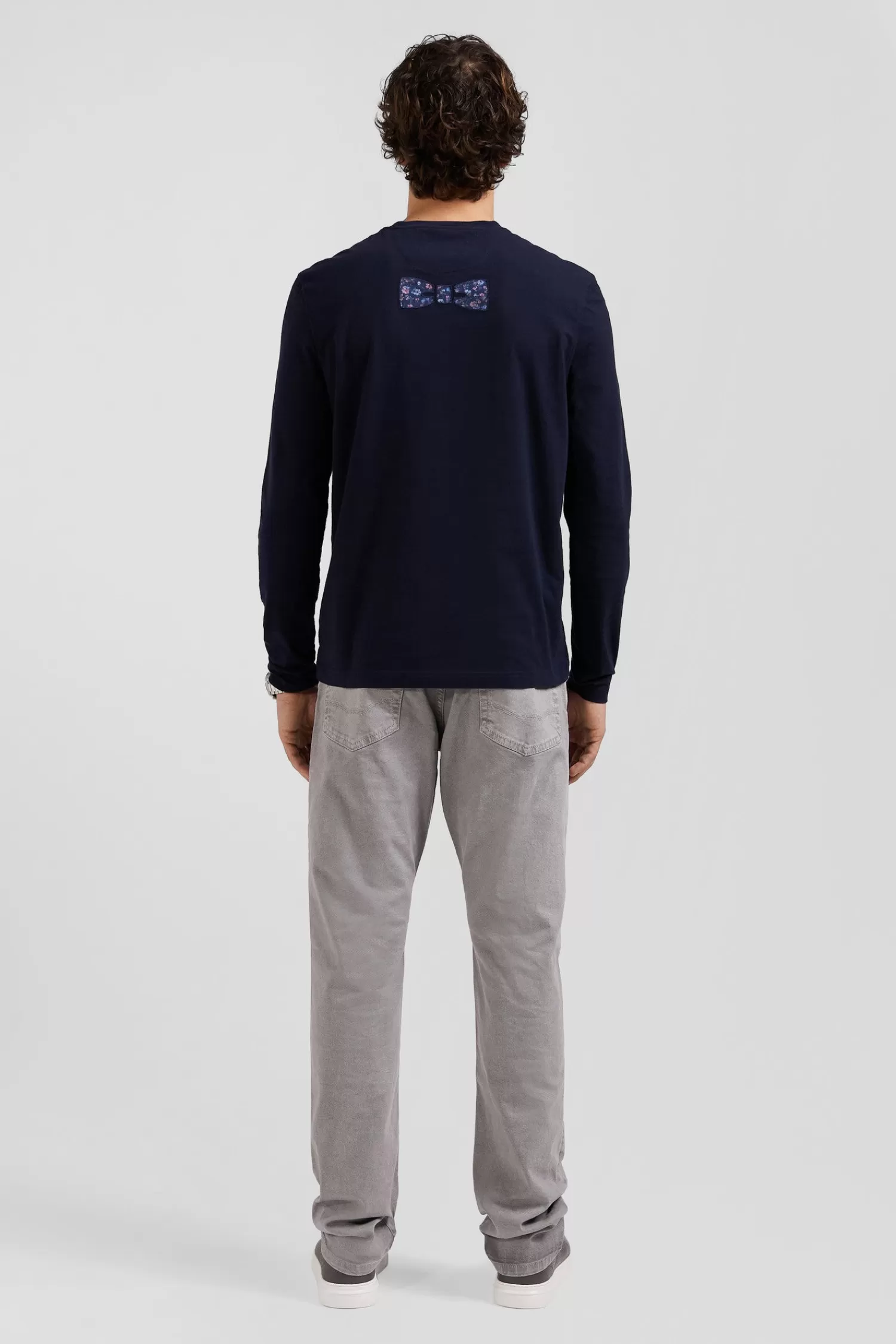 Eden Park Regular navy blue long-sleeved cotton T-shirt with floral back patch< T-shirts