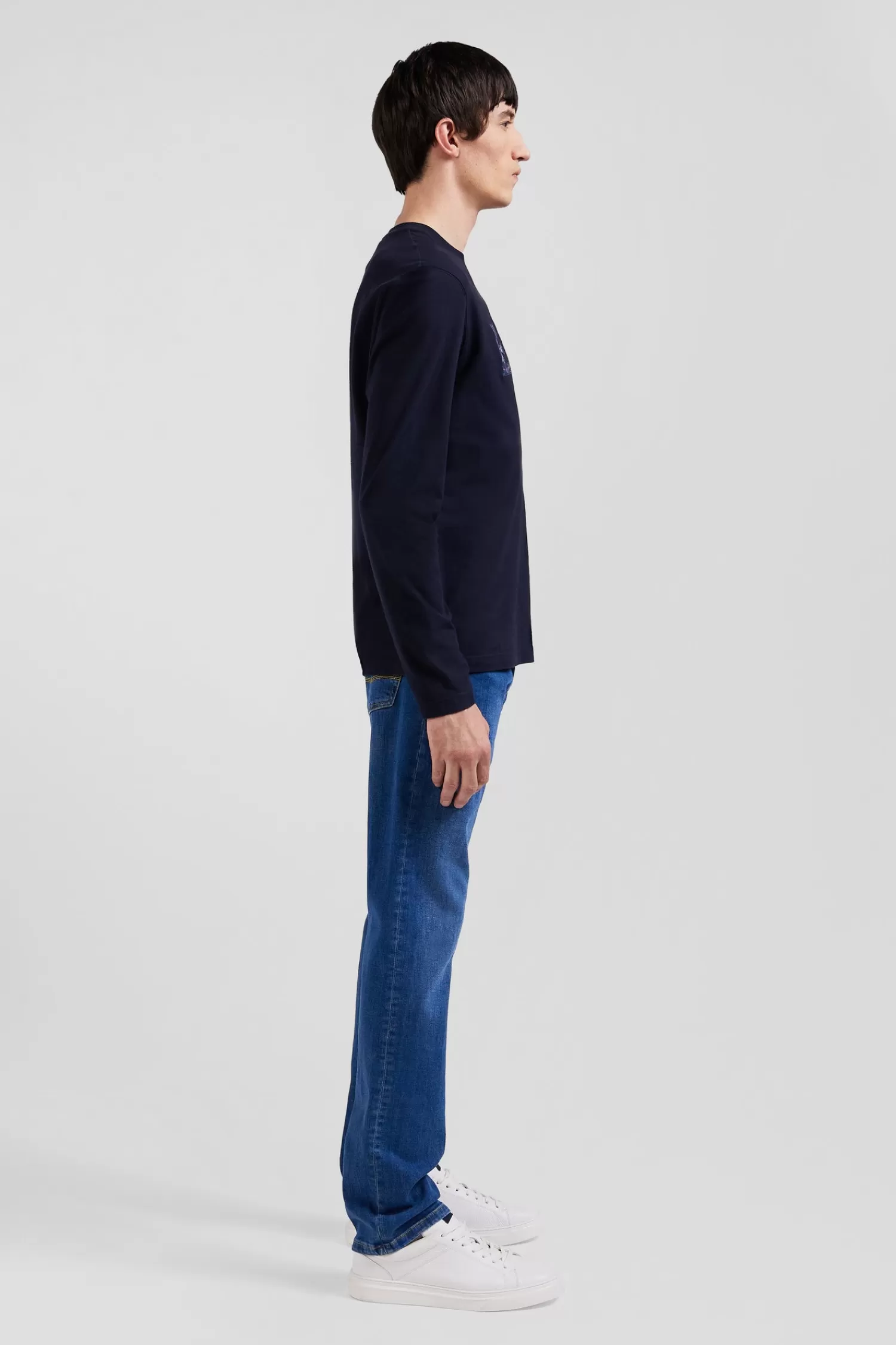 Eden Park Regular navy blue long-sleeved cotton T-shirt with printed back patch< T-shirts