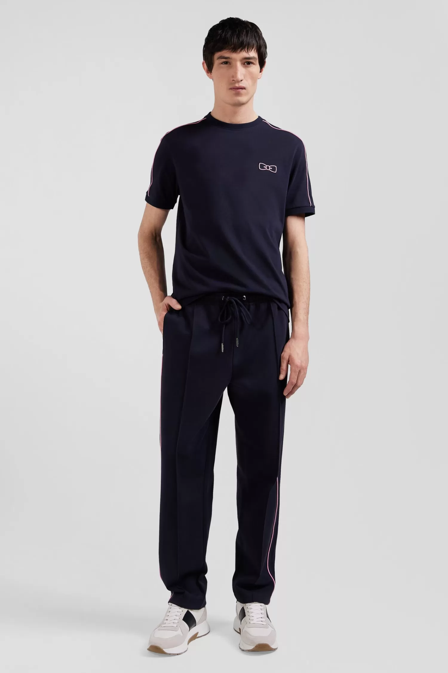 Eden Park Regular navy blue mixed cotton jogging bottoms with pink piping< Pants