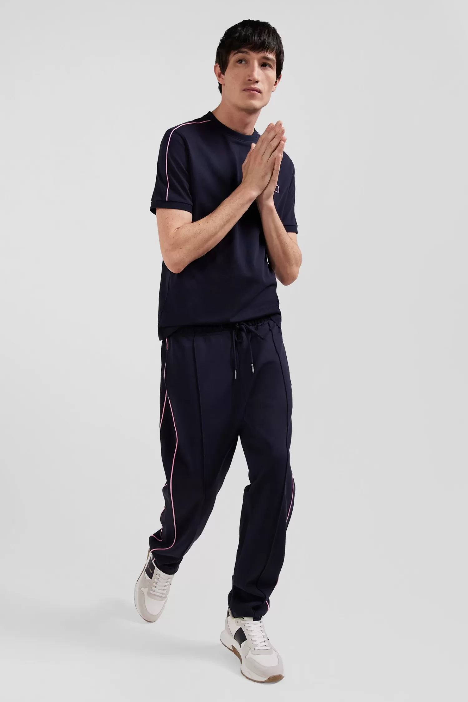 Eden Park Regular navy blue mixed cotton jogging bottoms with pink piping< Pants